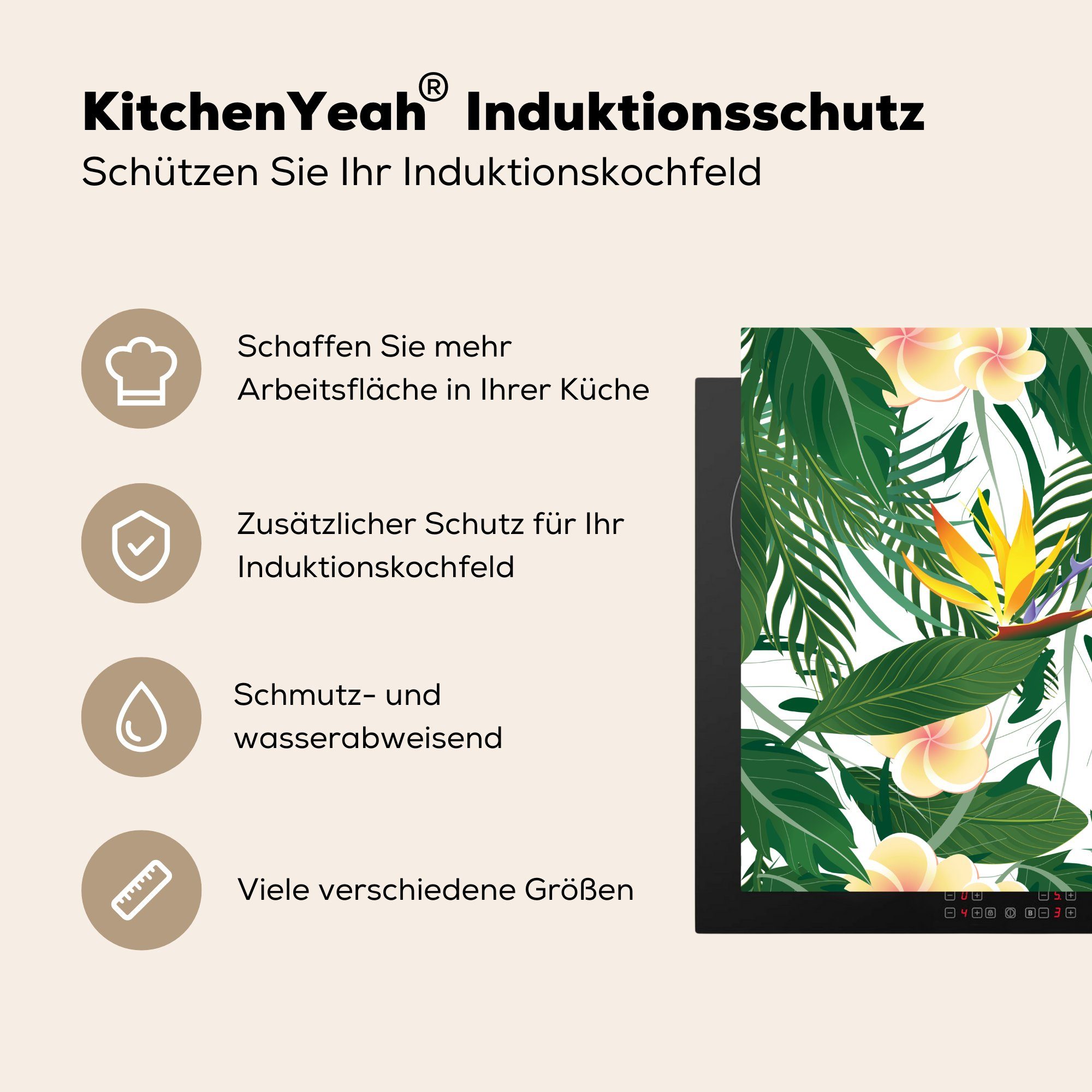 MuchoWow Herdblende-/Abdeckplatte Blätter - Blüten Arbeitsplatte Paradiesvogelpflanze, (1 Ceranfeldabdeckung, cm, Vinyl, küche - 78x78 für tlg)