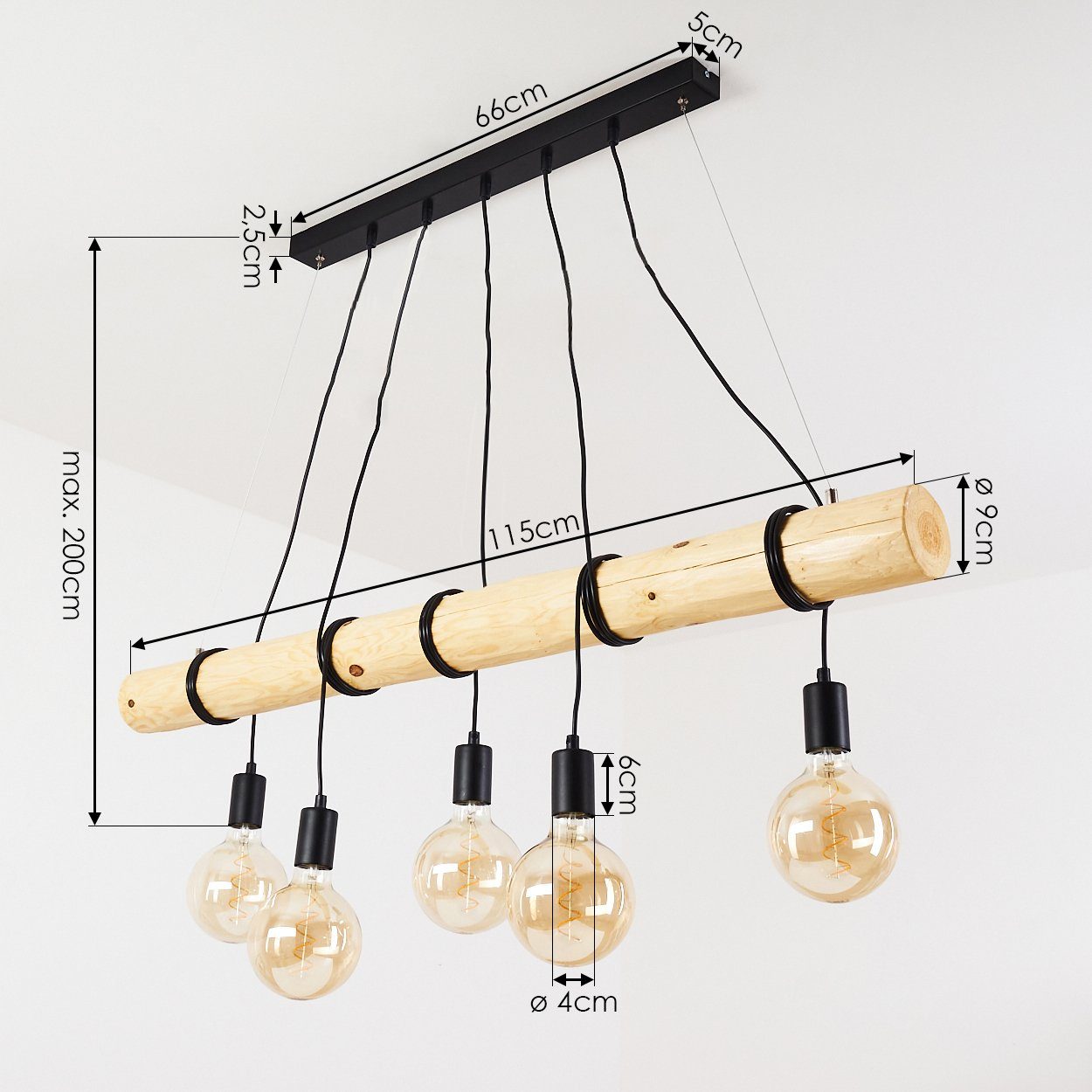 »Pontinvrea« 5xE27 aus 5-flammige in Hängeleuchte Holzstab Schwarz/Natur, hofstein ohne Metall, aus und Hängelampe mit Metall/Holz Hängeleuchte Fassungen Leuchtmittel,