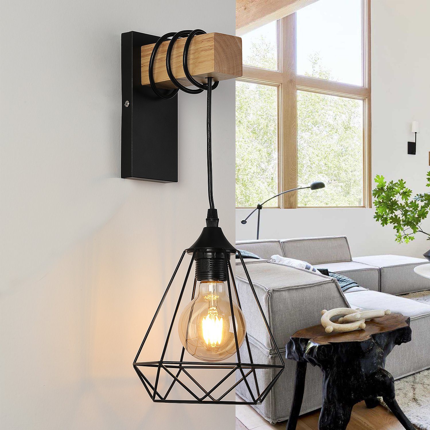 WILGOON Wandleuchte Retro Wandleuchte Holz Innen Wandlampe Vintage, im Industrial Design, LED wechselbar, Wandlampe Innen, Retro Wandleuchte, mit Schalter E27, LED wechselbar