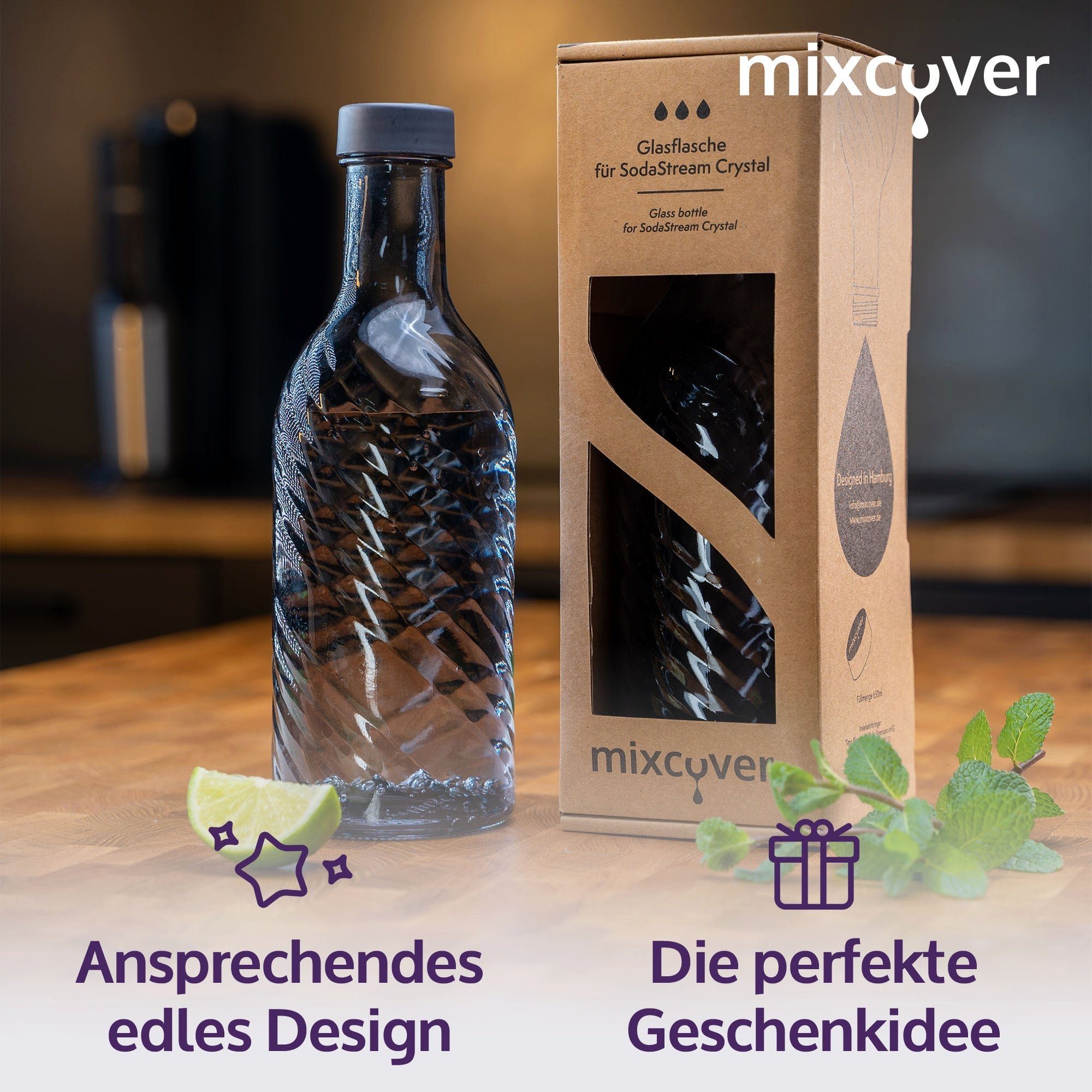 Mixcover Wassersprudler Flasche mixcover Glasflasche kompatibel mit  SodaStream Crystal 2.0 mit 10% mehr Volumen Dark Grey