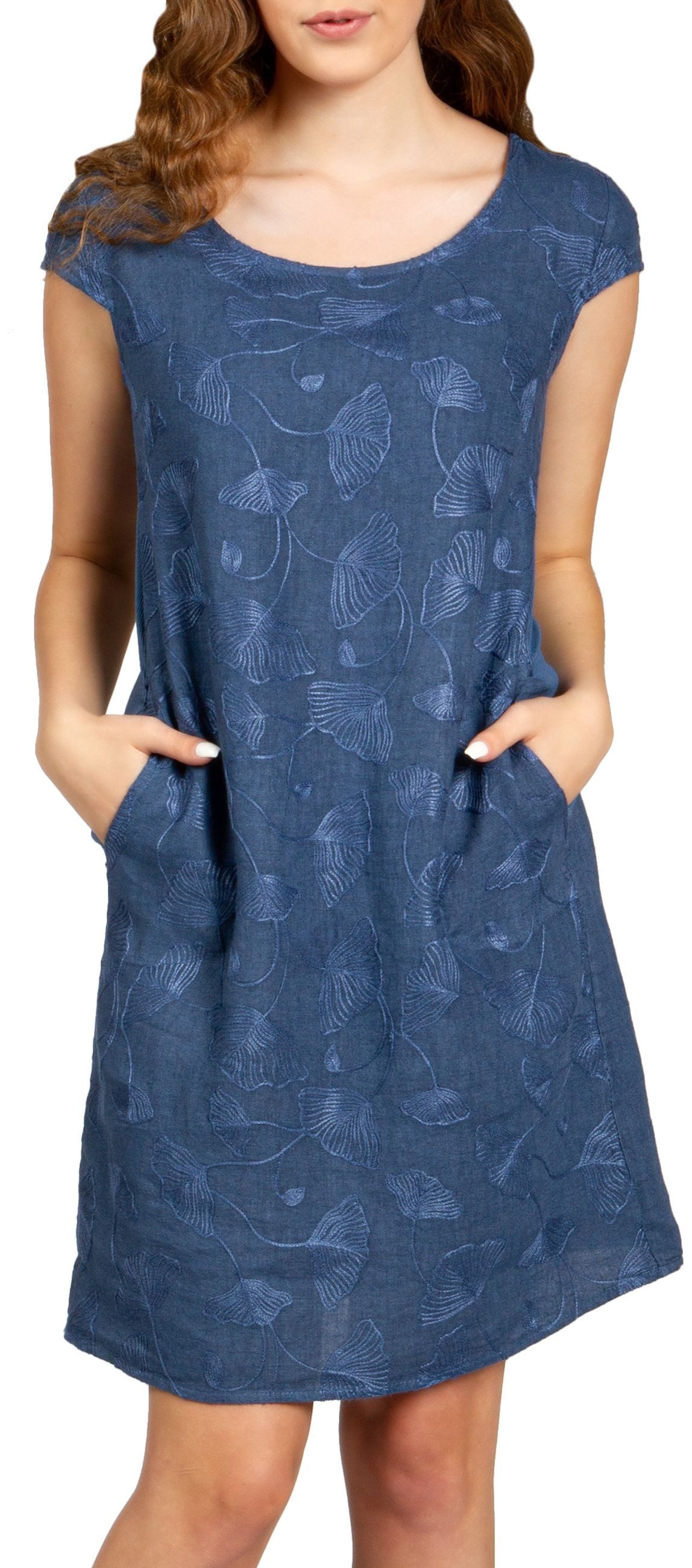 Caspar Sommerkleid SKL031 knielanges Damen Sommer Leinenkleid mit Ginko Blatt Stickmuster Luftig leicht, figurumspielende Form, mit seitlichem Jersey-Einsatz