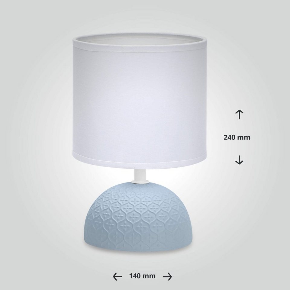 LED Universum LED Tischleuchte aus Keramik mit Stoffschirm rund Sockel E14  weiß/hellblau, SEHR KOMPAKT: 24cm hoch, 14cm Durchmesser