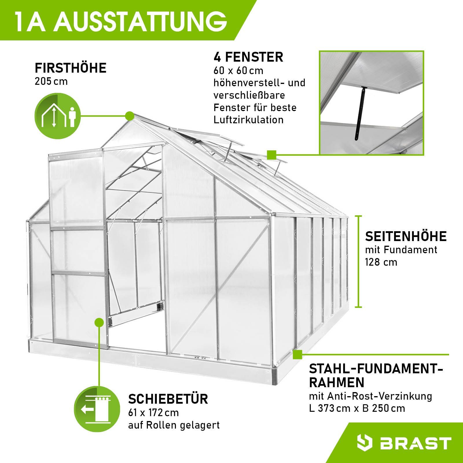 BRAST Gewächshaus ALU mit Fundament rostfrei 380x250x205cm TÜV geprüft, BxTxH: 250 x 380 x 205 cm, wetterfestes hochwertiges Aluminium, Temperaturbeständig, Wärmedämmend, Lichtbrechend & UV-stabilisiert