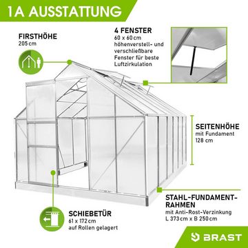 BRAST Gewächshaus ALU mit Fundament rostfrei 380x250x205cm TÜV geprüft, wetterfestes hochwertiges Aluminium