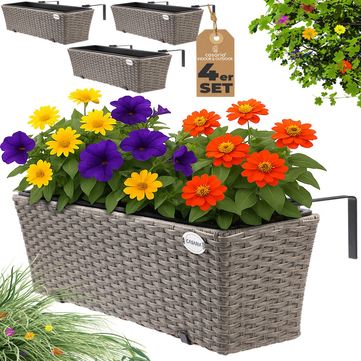 Casaria Blumenkasten, 4er Set 11 Liter Montagehalterung Indoor Outdoor Geländerkasten
