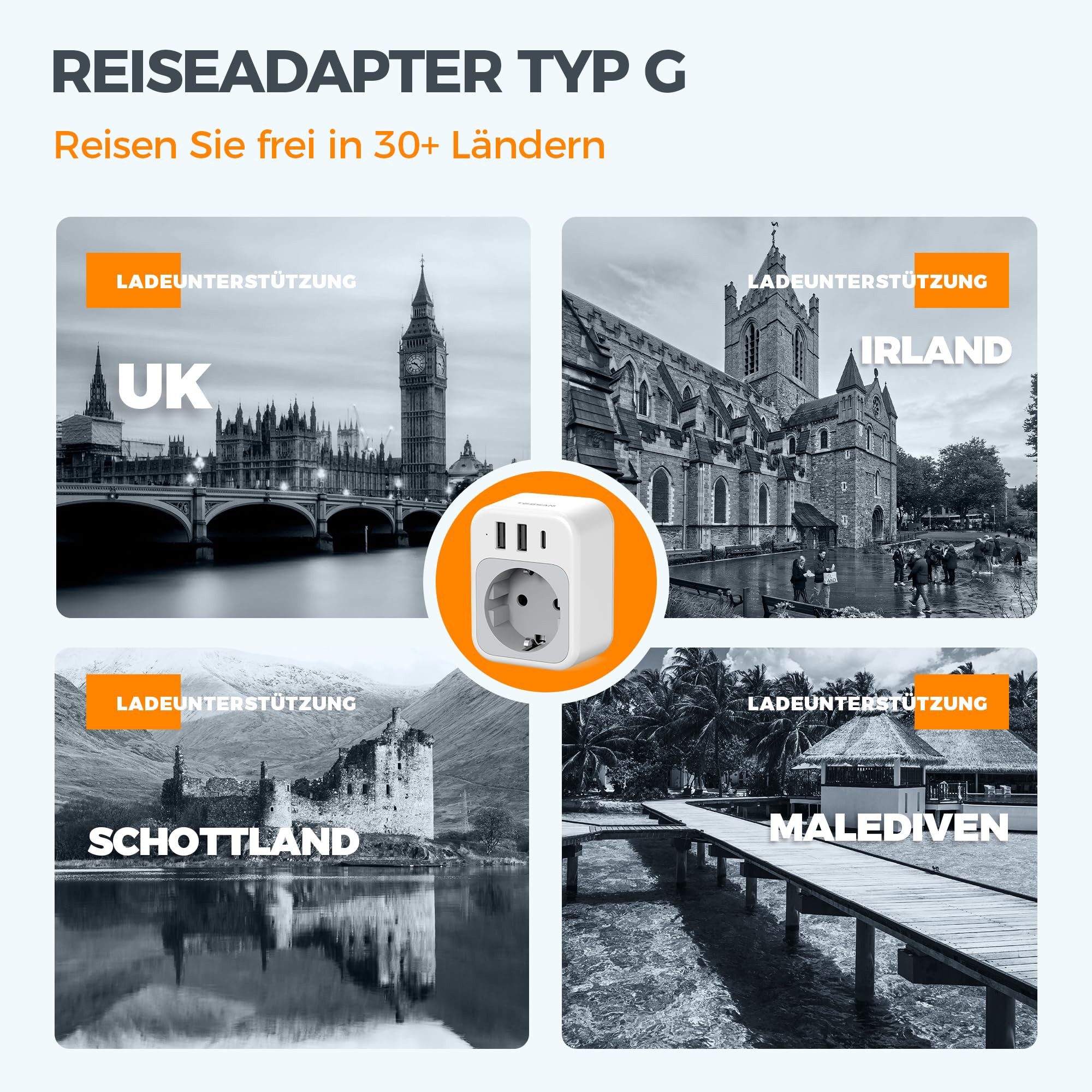 TESSAN Reiseadapter UK Typ G mit 1 USB-C 2 USB-A für England London Reiseadapter