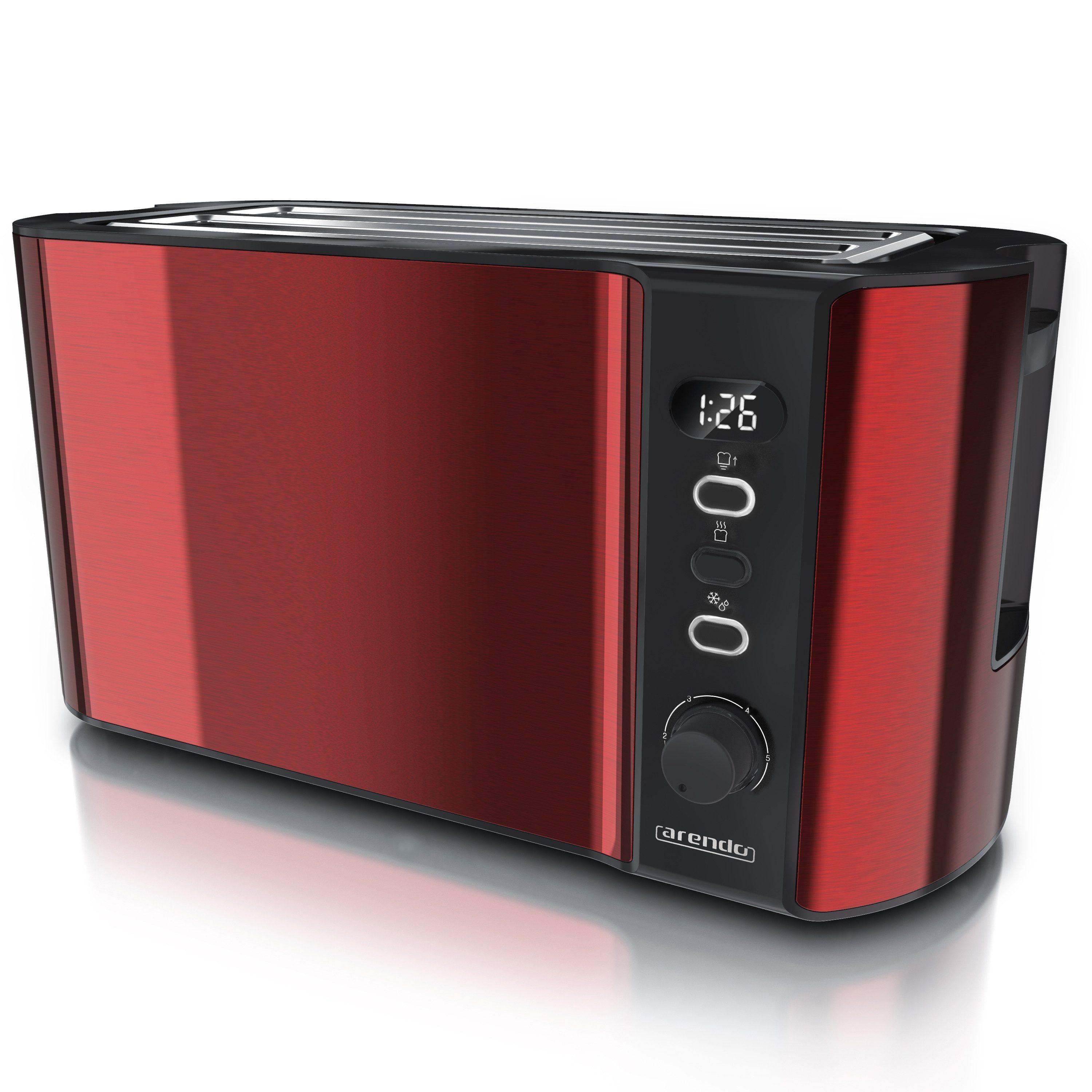 Arendo Toaster Langschlitz, Edelstahl, Display mit Restzeitanzeige, Brötchenaufsatz, 2 lange Schlitze, für 4 Scheiben, 1500 W, Defrost Funktion, Wärmeisolierendes Gehäuse, mit Krümelschublade