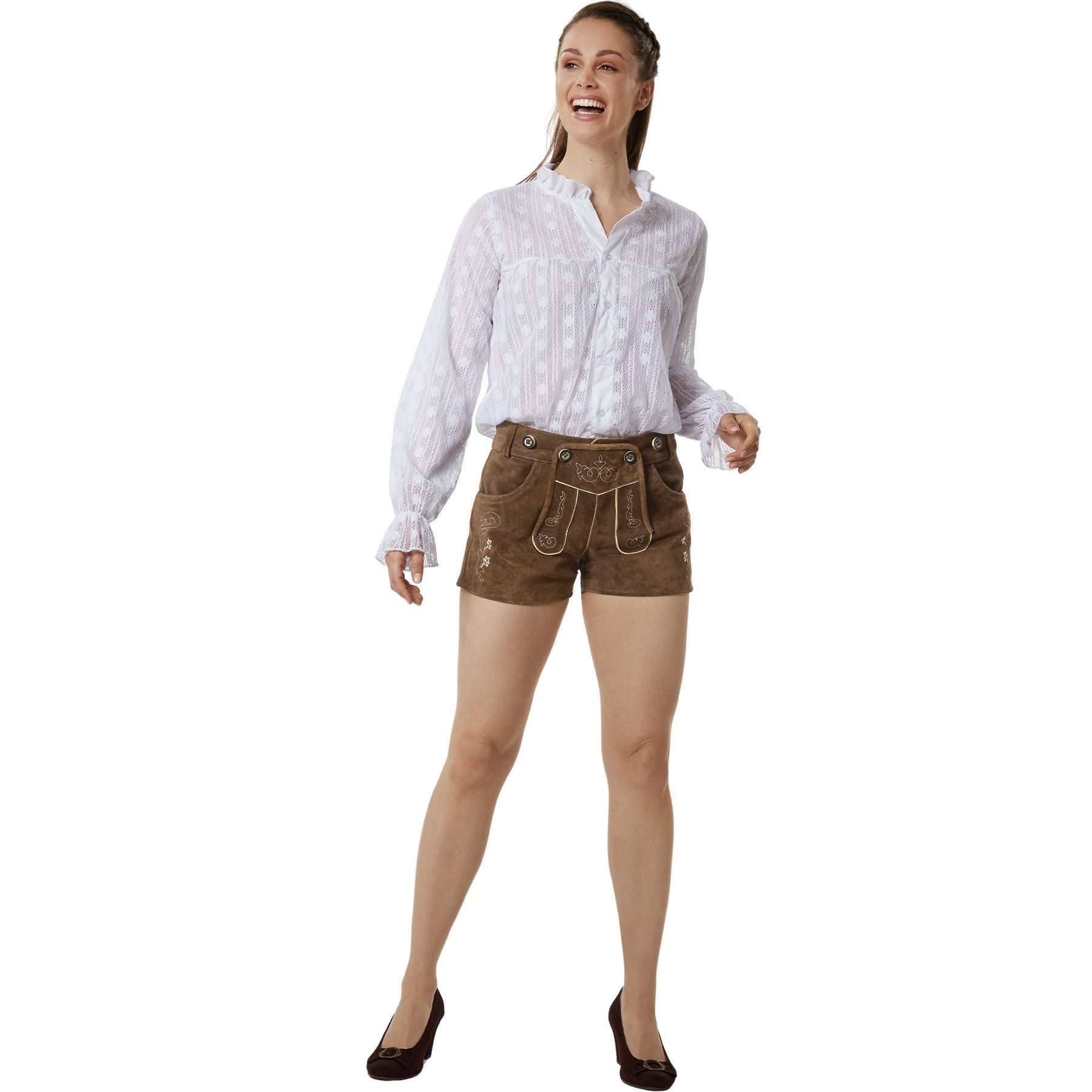 dressforfun Trachtenhose Kurze figurbetonte Lederhose vom Rind für einen modernen (Damenhose Josie, für Volksfeste in Hellbraun) robust, weich, pflegeleicht und langlebig, Stickereien, Knochenknöpfe