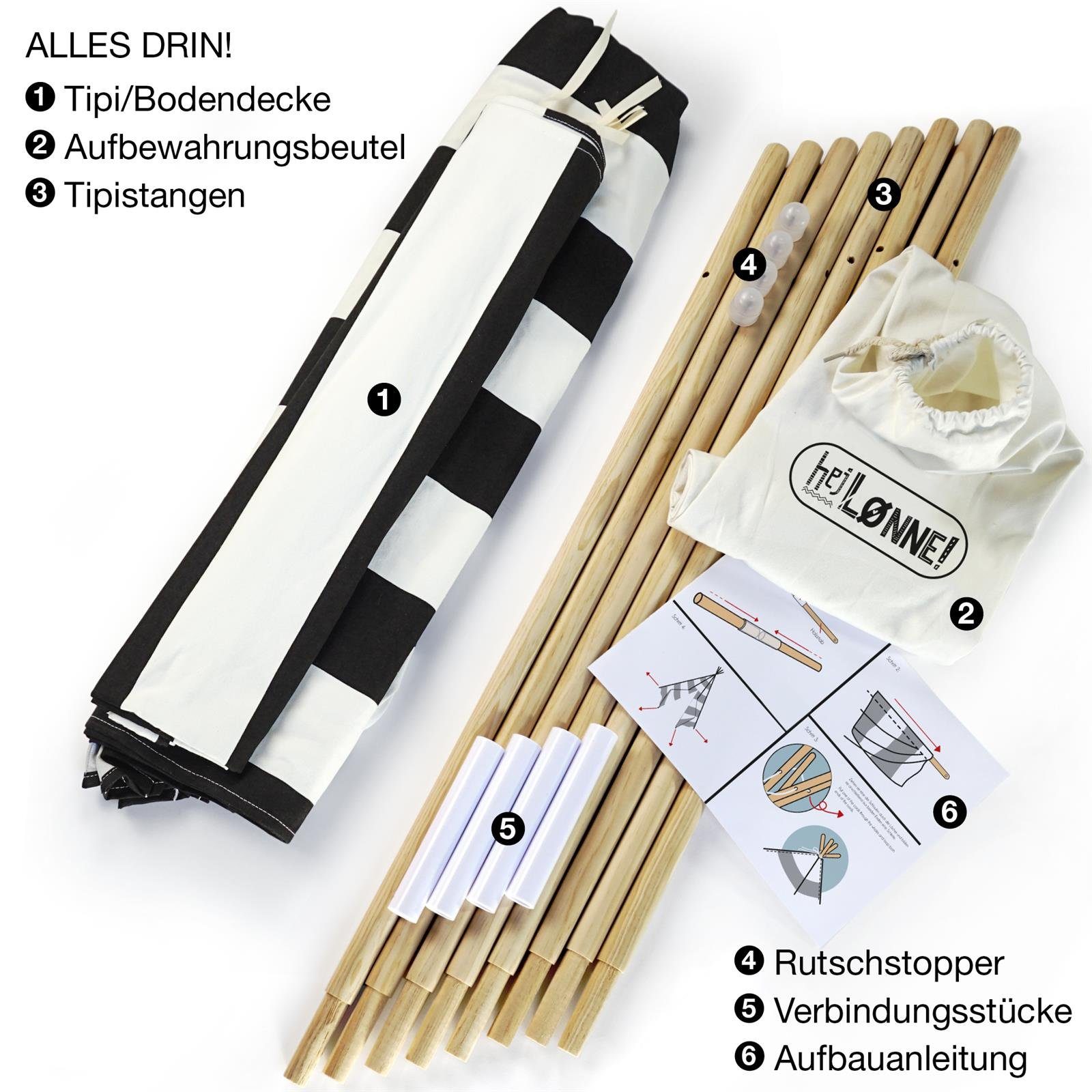 Hej Lønne Tipi-Zelt Tipi Zelt für Kinder schwarz gestreift Kinderzelt, (6er Set)