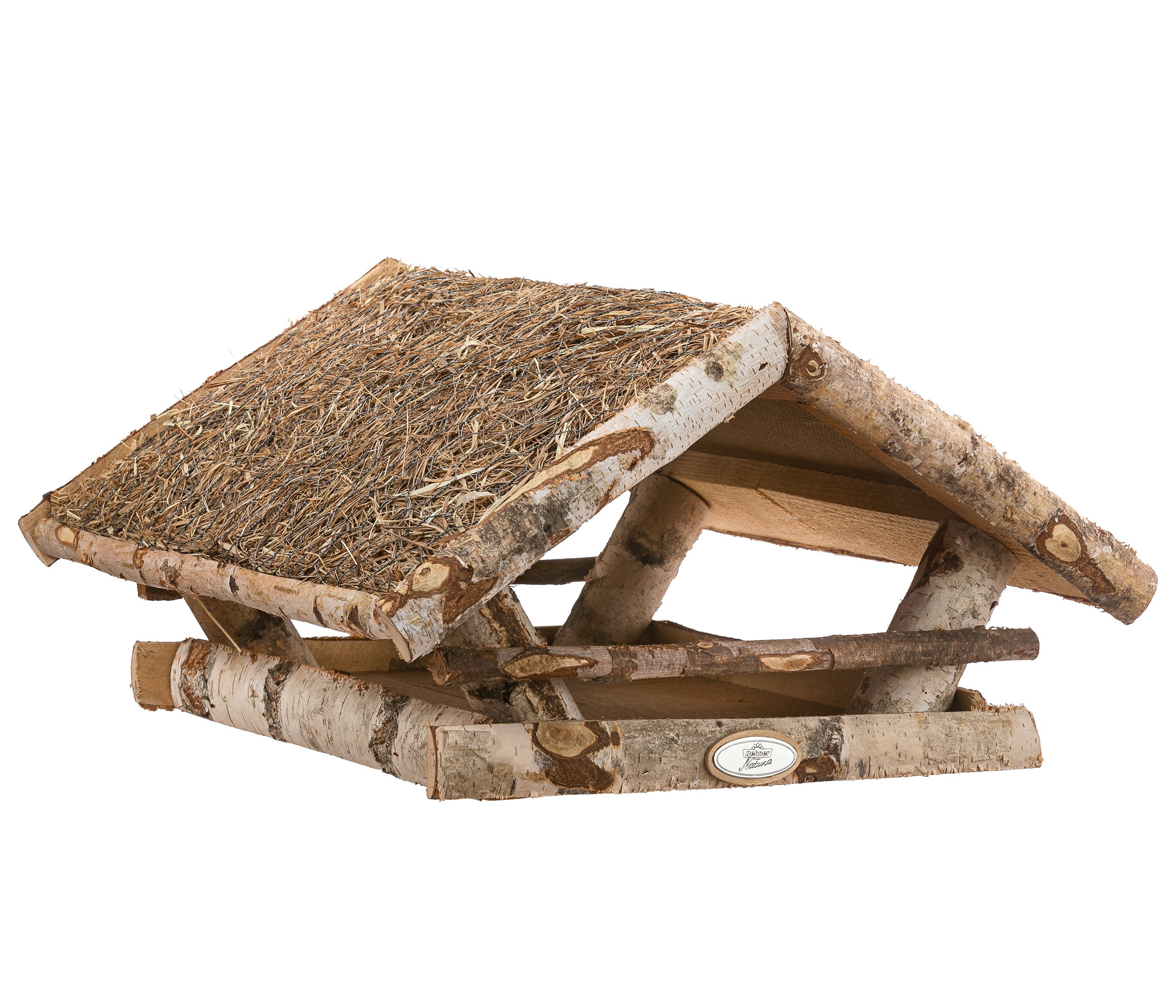 Dehner Vogelhaus Natura Futterhaus für Wildvögel, 130 x 112 x 108 cm, Birkenholz/Heu, Vogelhaus mit Heudach, inkl. passendem Ständer