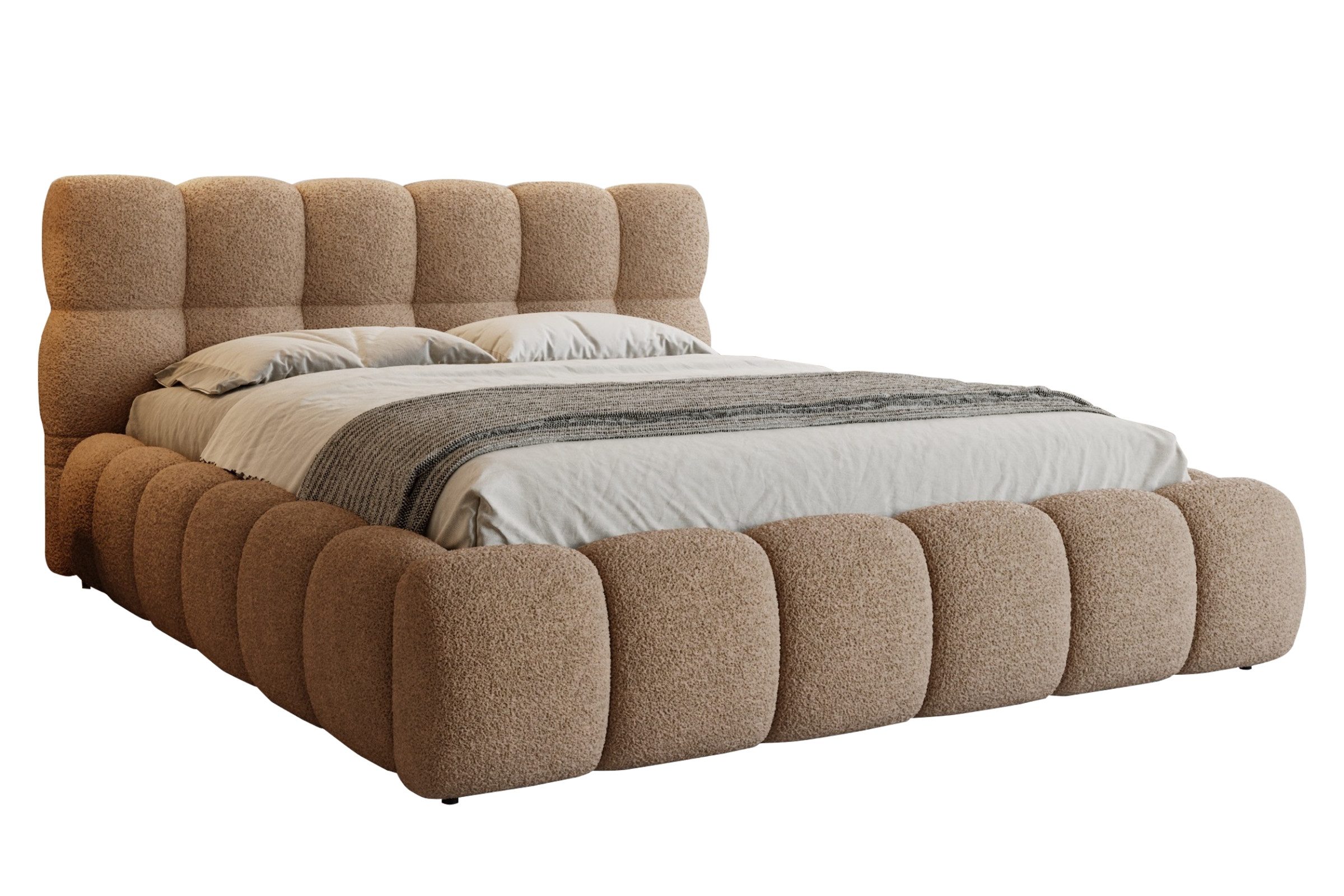Deine Möbel 24 Polsterbett LUVA Bubble Bett mit Bettkasten und Lattenrost Stauraumbett (Set, 3-tlg., Bett in Bouclé Weiß, Creme, Dunkelbeige, Grau, Hellgrau, Braun), Stauraumbett in 140x200 160x200 180x200 200x200
