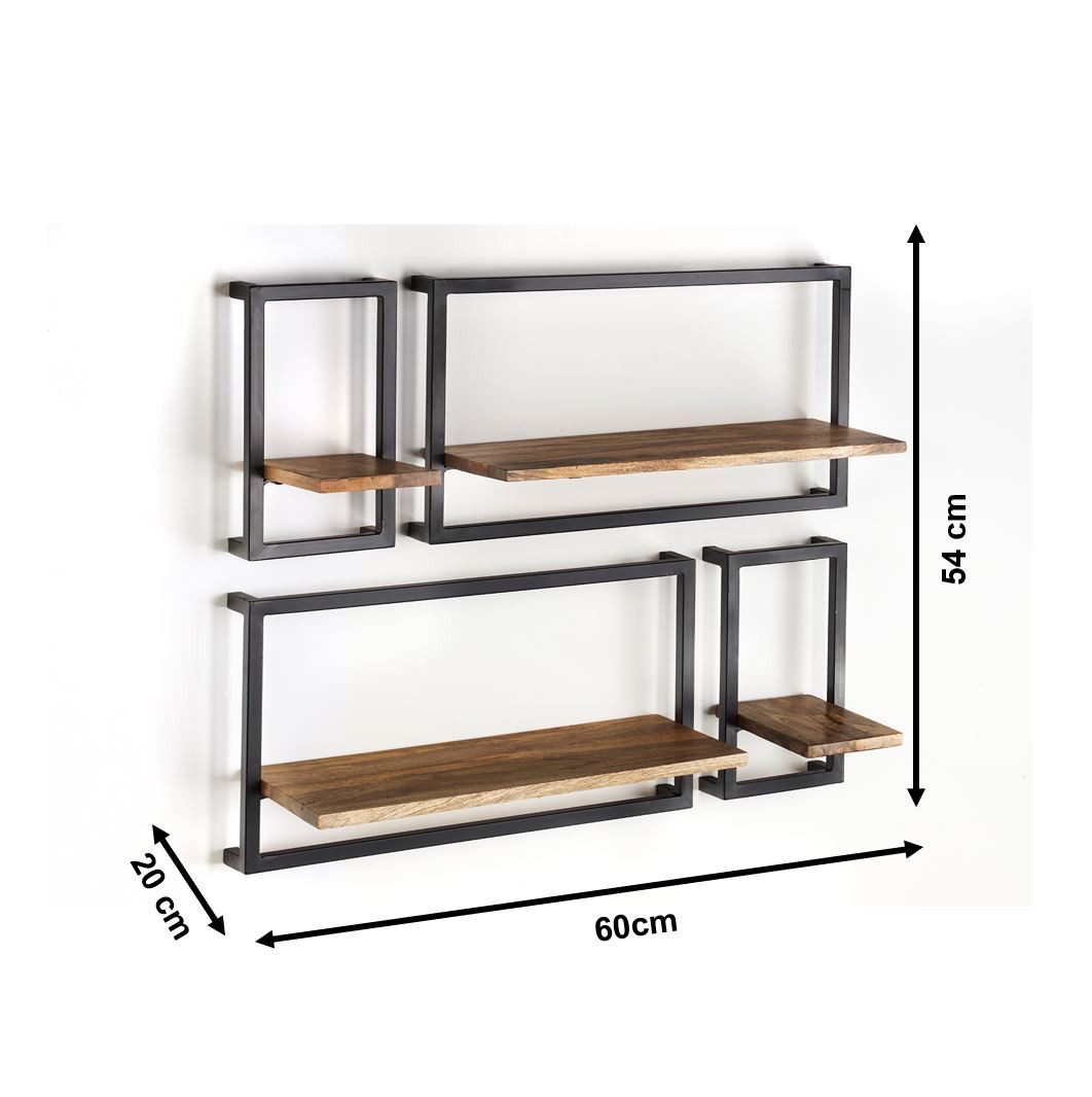 Kobolo Regal Wandregal Hänge aus Mangoholz und Metall - 4er Set
