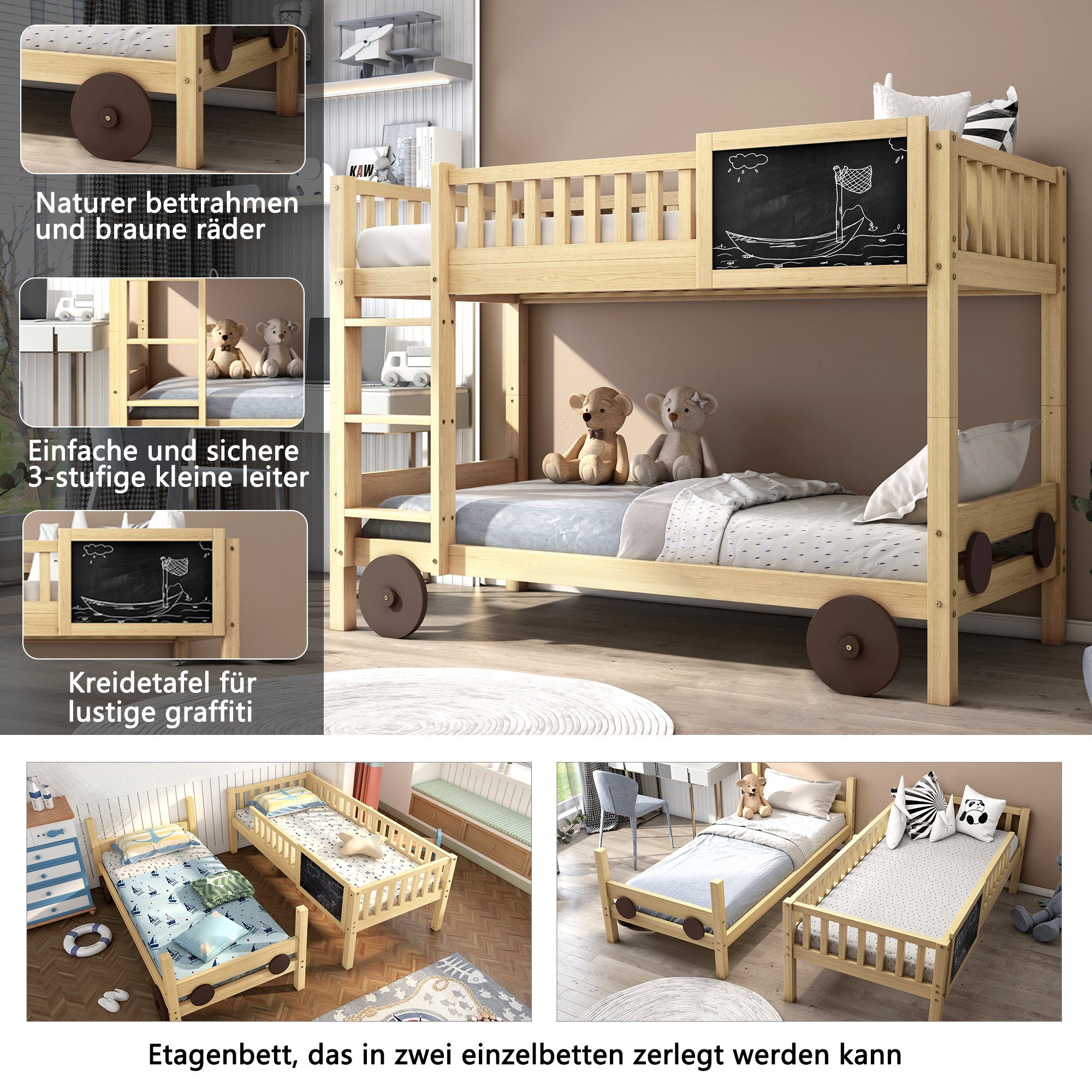 Etagenbett (Stockbett, Hochbett mit Lattenrost, Rausfallschutz, Leiter und MDF-Rädern), Kinderbett 90 x 200 cm, umbaubar in zwei Einzelbetten, Kiefer
