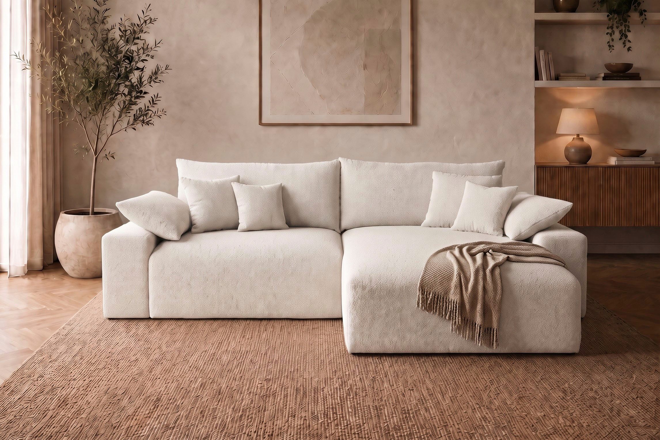 OTTO home Ecksofa Amici L-Form, B: 302 cm, Mega-Sofa in Boucle und Cord, Couch mit Federkern & 6 Zierkissen, frei stellbar