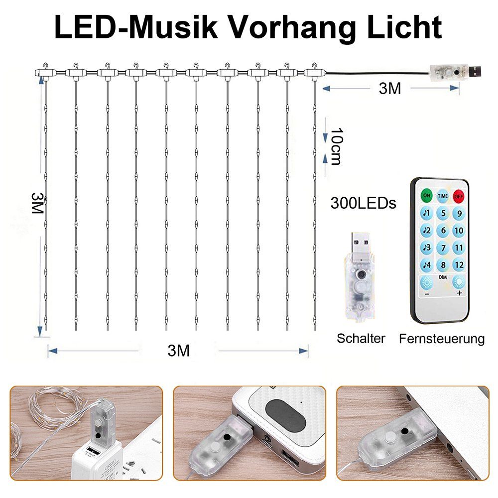 MUPOO LED-Lichterkette Vorhang-Lichterkette 300LED Led Timer Vorhangbeleuchtung LED-Vorhangleuchte, Mehrfarbig Modi IP65,3X3M,Fernbedienung, Musikmodus/8 LED Dekolicht USB