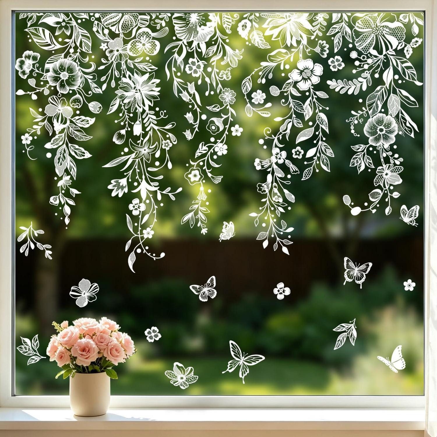 LuxusKollektion Fensterbild Fensterbilder Blumen Rebe Weiss Blütenranken Schmetterlinge