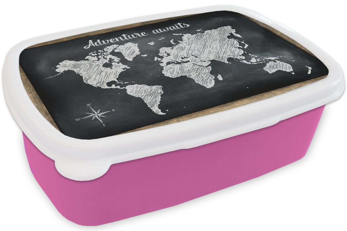 Weltkarte - Snackbox, Brotdose Kinder, Kunststoff, Weiß, Mädchen, Brotbox - Lunchbox Kreidetafel (2-tlg), Erwachsene, rosa MuchoWow Kunststoff für