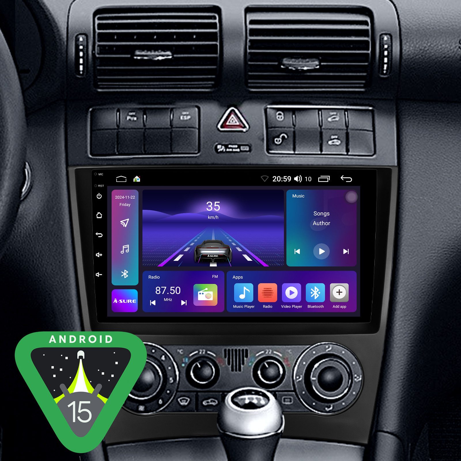 A-Sure Android 15 Carplay Für Mercedes Benz C-Klasse W203 W209 2005-2009 Autoradio (8Core, 4 Core, Digitalradio (DAB), FM, AM, 1280*800 IPS Screen)