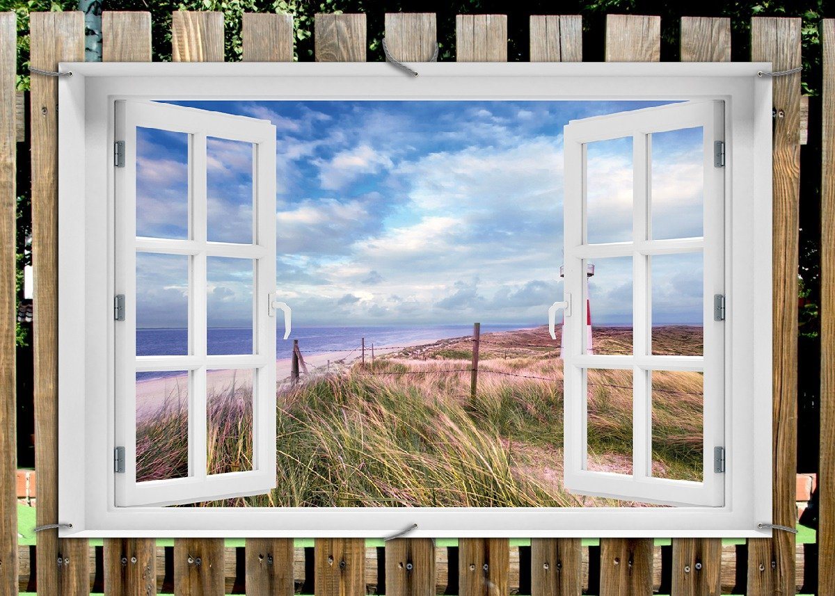 Thumbnail - Wallario Sichtschutzzaunmatten Leuchtturm am Strand von Sylt, mit Fenster-Illusion