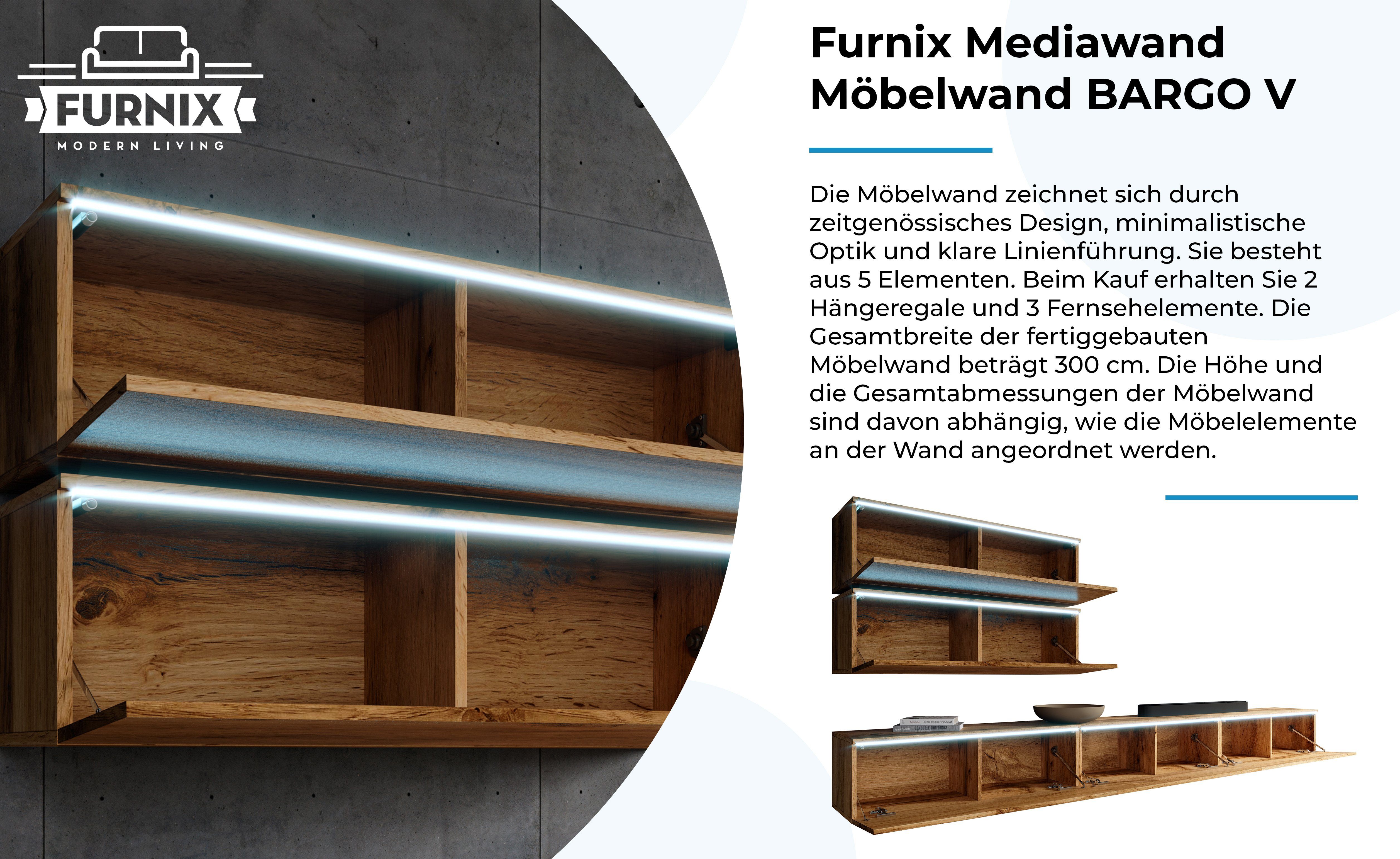 Eiche Möbelwand Stauraum, cm TV-Schrank Wotan Regal, 300 Mediawand mit LED V Furnix 3x viel ohne 2x Breite BARGO