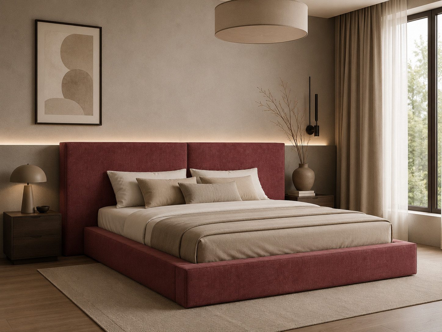 MOEBLO Polsterbett aus Strukturstoff Bett 06 (Bezug: Strukturstoff, Doppelbett mit Kopfstütze, Rahmenbettgestell, mit Bettkasten und Lattenrost), gepolstertes Kopfteil