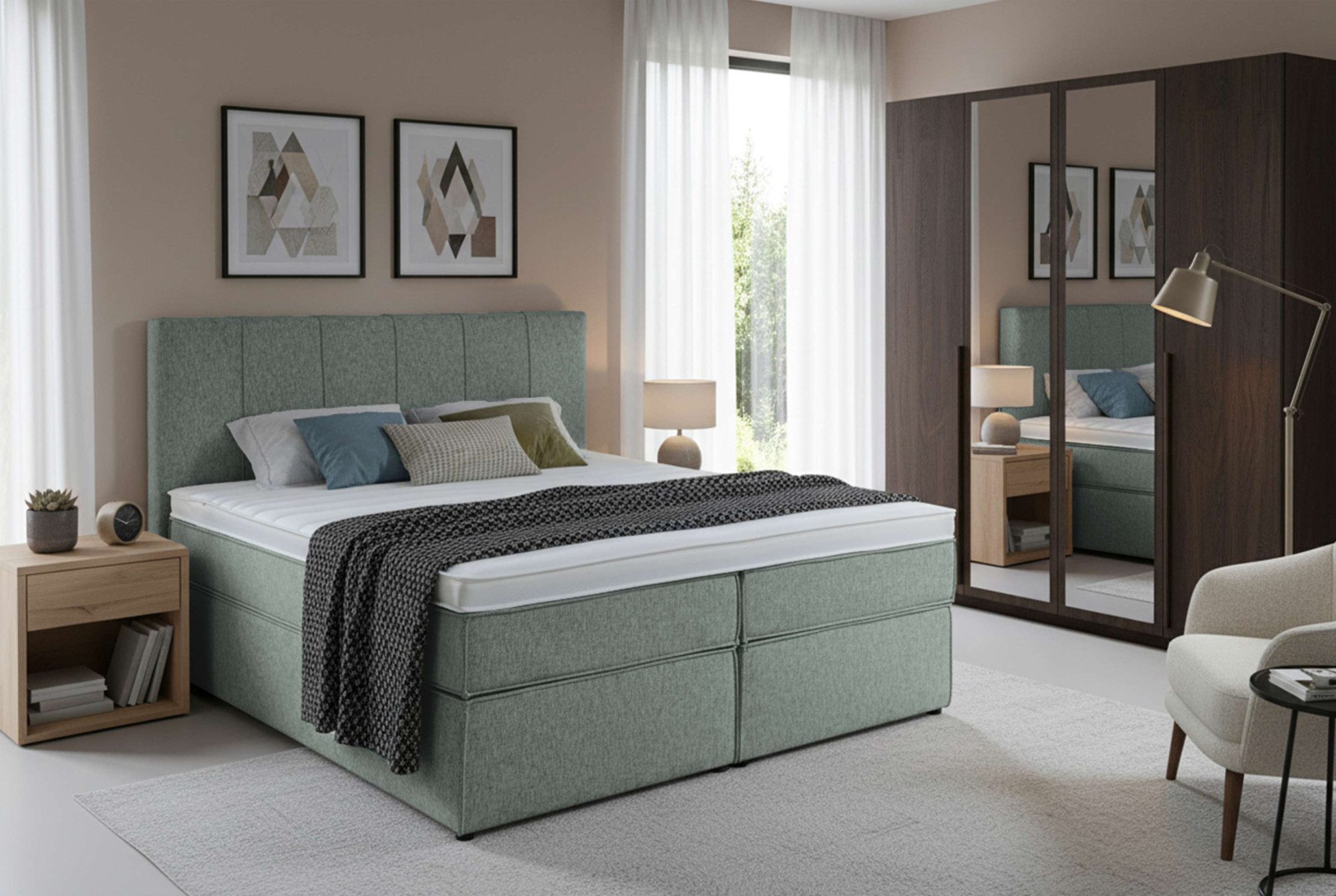 Home affaire Boxspringbett Leon, Doppelbett, Polsterbett, Federkernbett, Komfortbett, 160, 180 cm, inkl. 9 cm Topper, 5-Zonen-Taschen-Federkernmatratze in H3