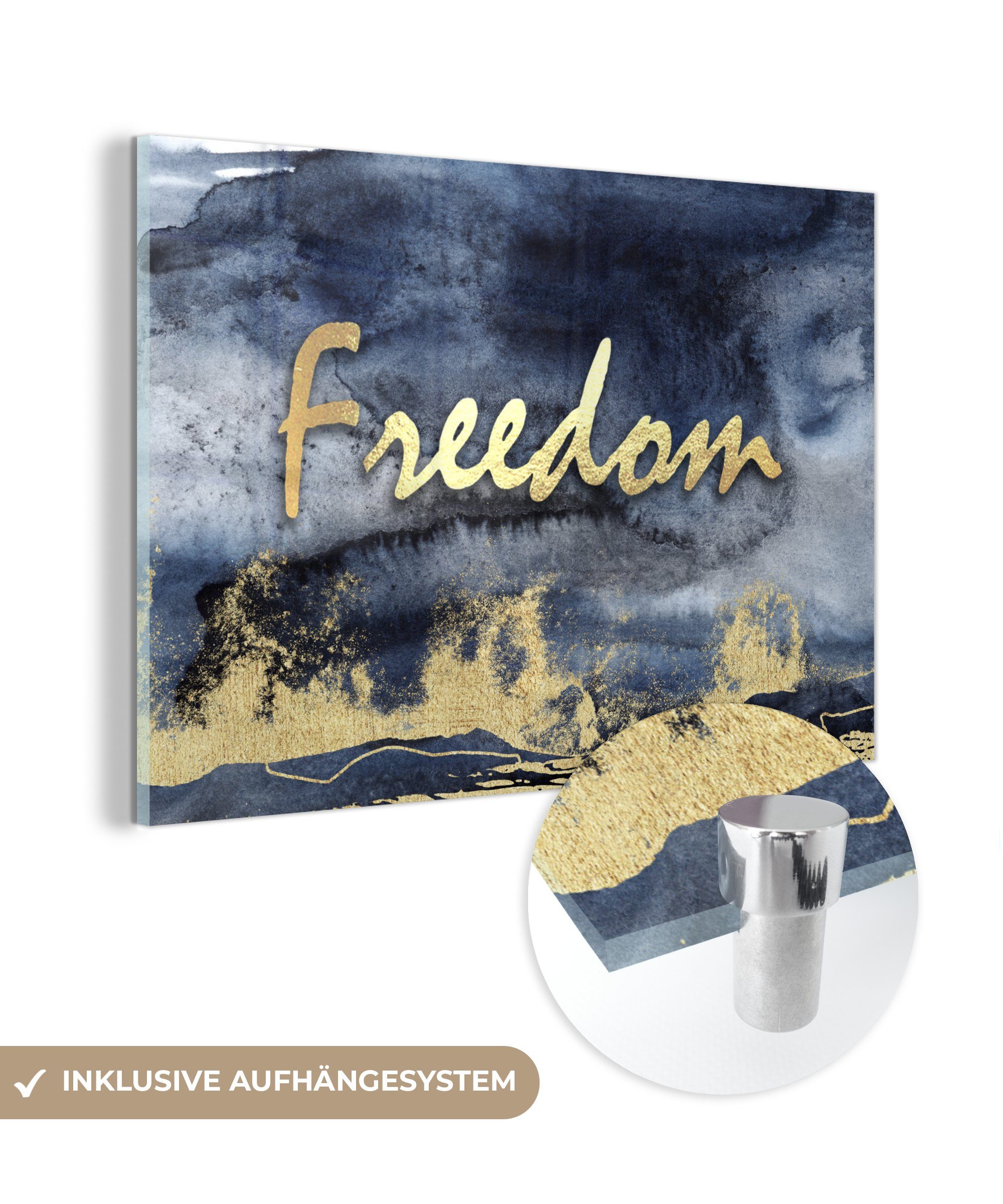 MuchoWow Acrylglasbild Zitat - Freiheit - Gold - Schwarz, (1 St), Glasbilder - Bilder auf Glas Wandbild - Foto auf Glas - Wanddekoration
