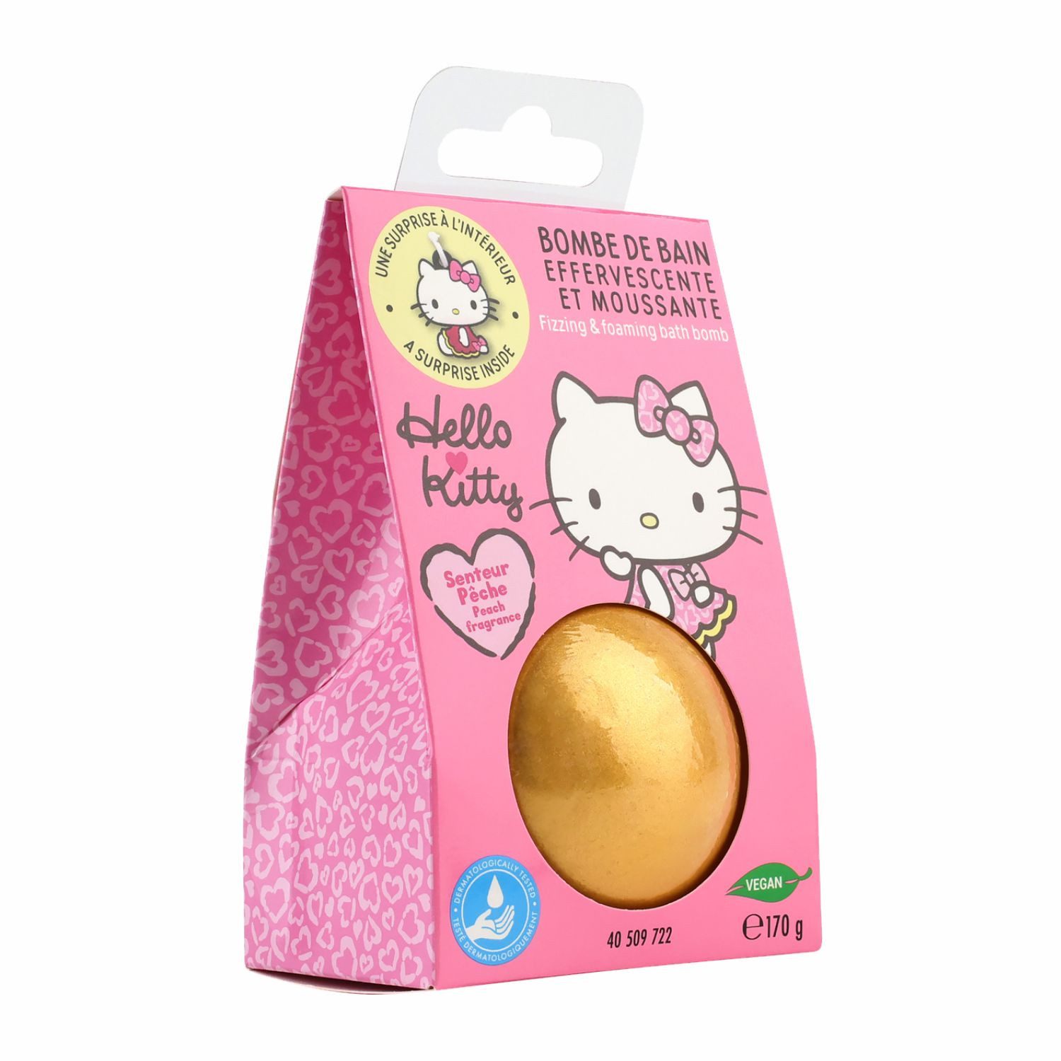 HF Home Flair Badekugel 1x Hello Kitty Badebombe - große Badekugel mit Überraschung, 1-tlg., goldene Badekugel - Pfirsichduft - Vegan- 170g