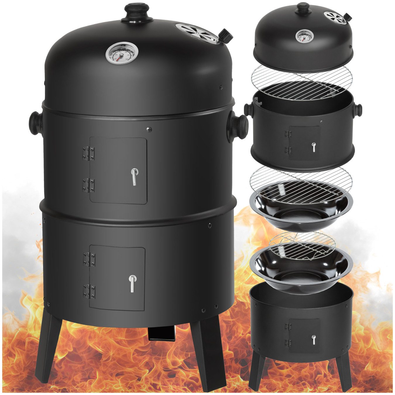 tectake Holzkohlegrill Smoker, 3 in 1, zum Grillen, Räuchern, Garen