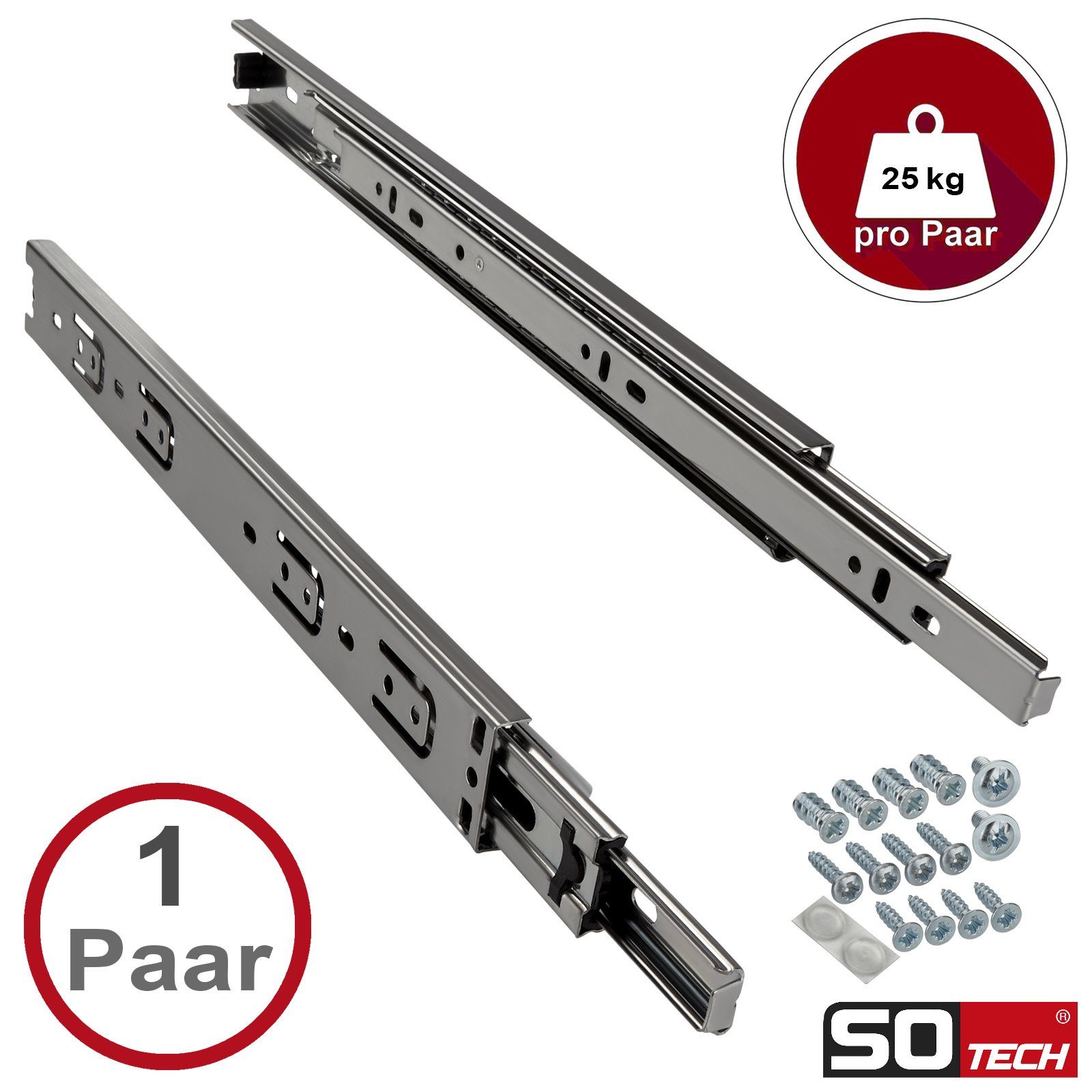 SO-TECH® Auszug Vollauszüge KV1-25-H35-NF-MS Traglast 25 kg, Länge 400 mm Standardausführung, 1 Paar inkl. Schraubenset