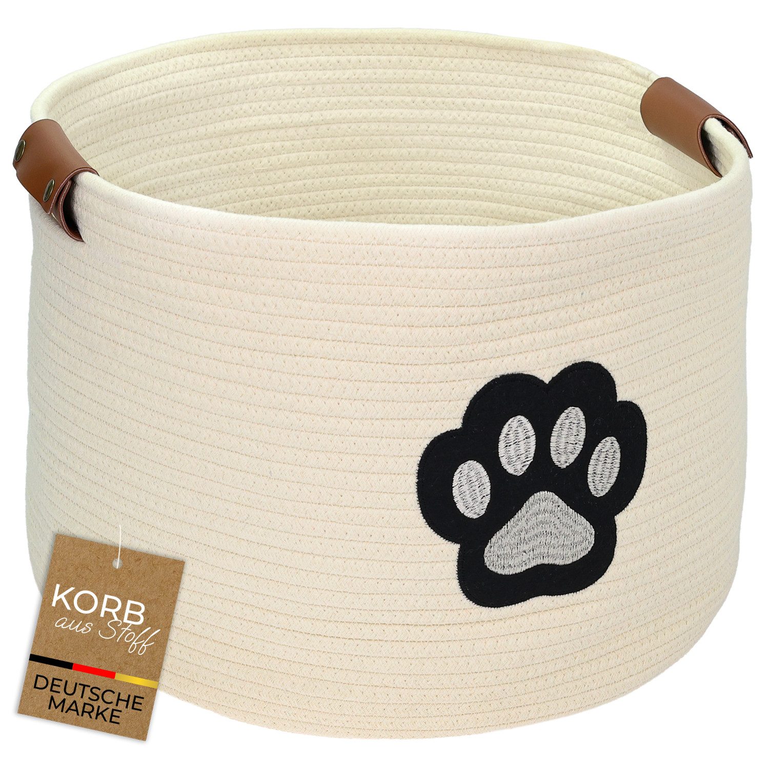 HMF Aufbewahrungskorb Aufbewahrungskorb für Hundezubehör, runder Korb, Baumwolle mit Kunstledergriffen, Hundepfoten-Motiv, 45 x 30 cm, Beige