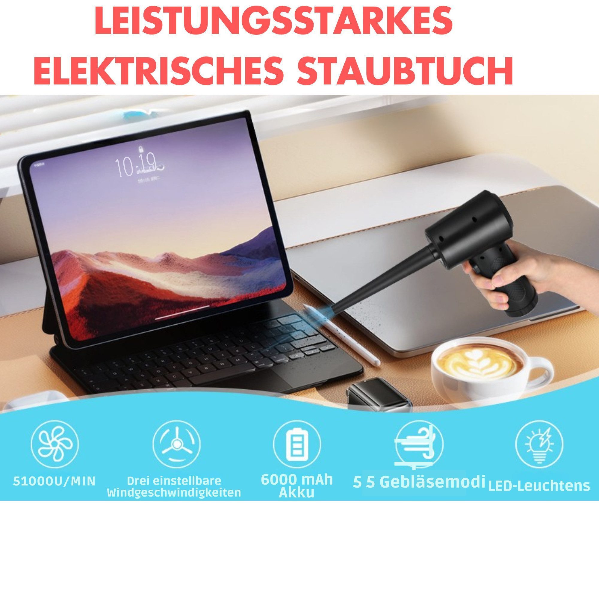 Vivitar Akku-Gebläse Druckluftspray Luftreinigungspistole 51000u/min Kabelloser Reiniger, (mit 5 austauschbaren Düsen, LED-Bildschirm, Schnelllade-Luftgebläse 3 Stufen zur Regulierung der Luftstärke), Luftgebläse für PCs, Tastaturen, Kameras, Sofas, Tierhaare, Autos