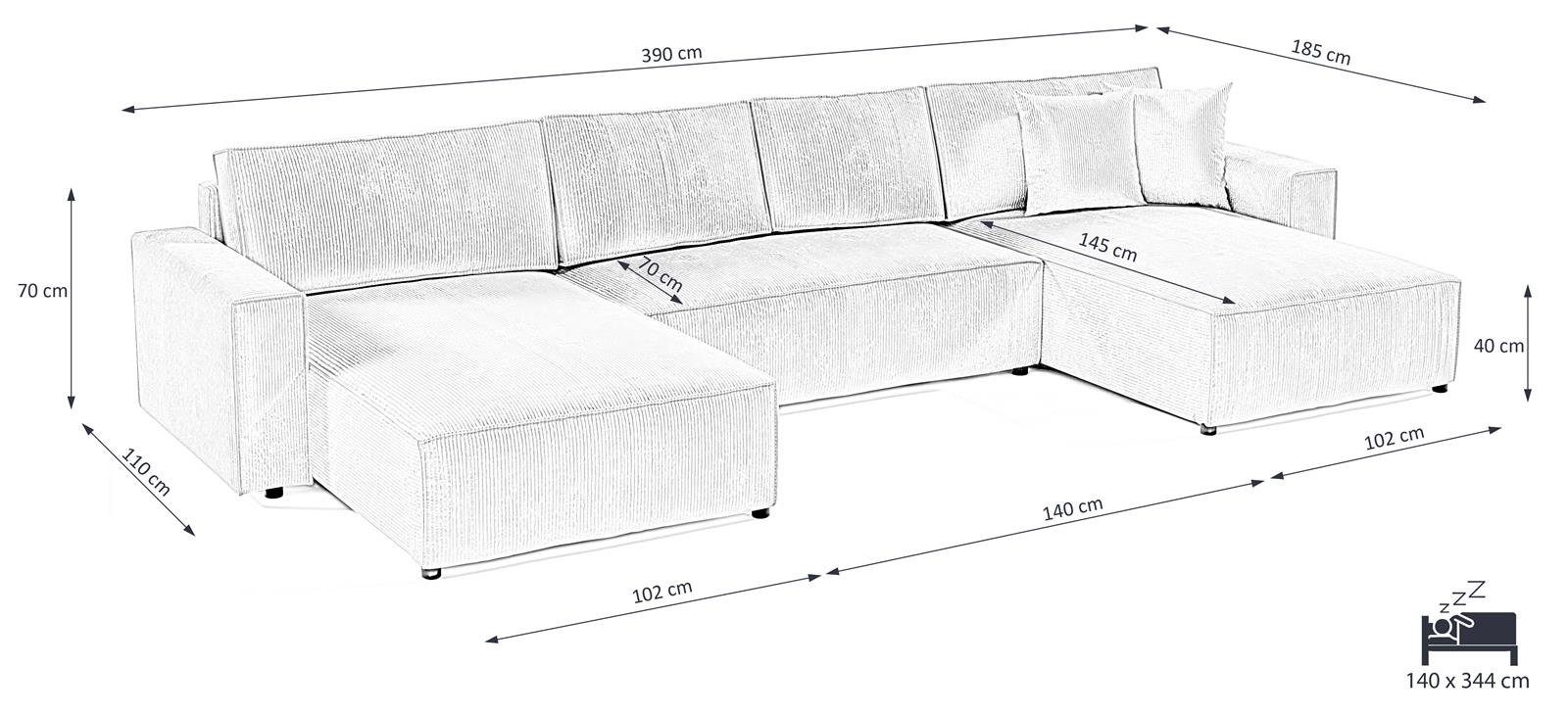 390 Corner cm Funktionen Schlafsofa mit U-Form Ecksofa Compleo Ecksofa U, Grün BOSTON