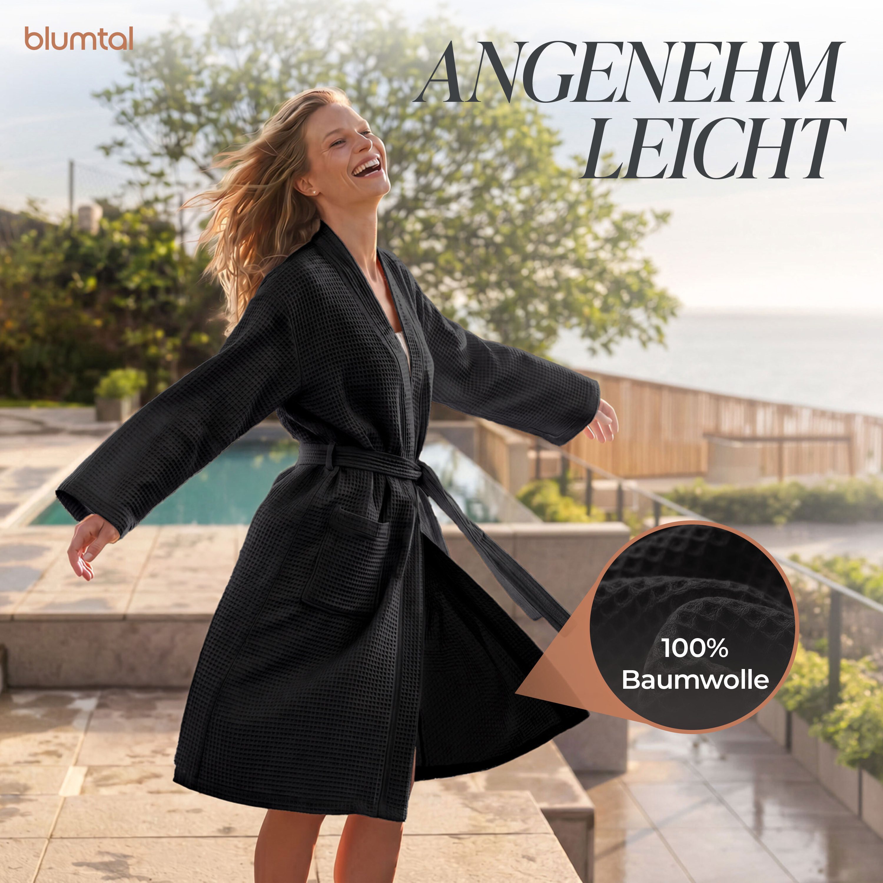 Blumtal Bademantel Waffelpique - Unisex Bademantel - Zertifizierter Bademantel, 2 Außentaschen, mit Reißverschlusstasche, Damen & Herren - Saunamantel inkl. Rei – Bild 2 von 5