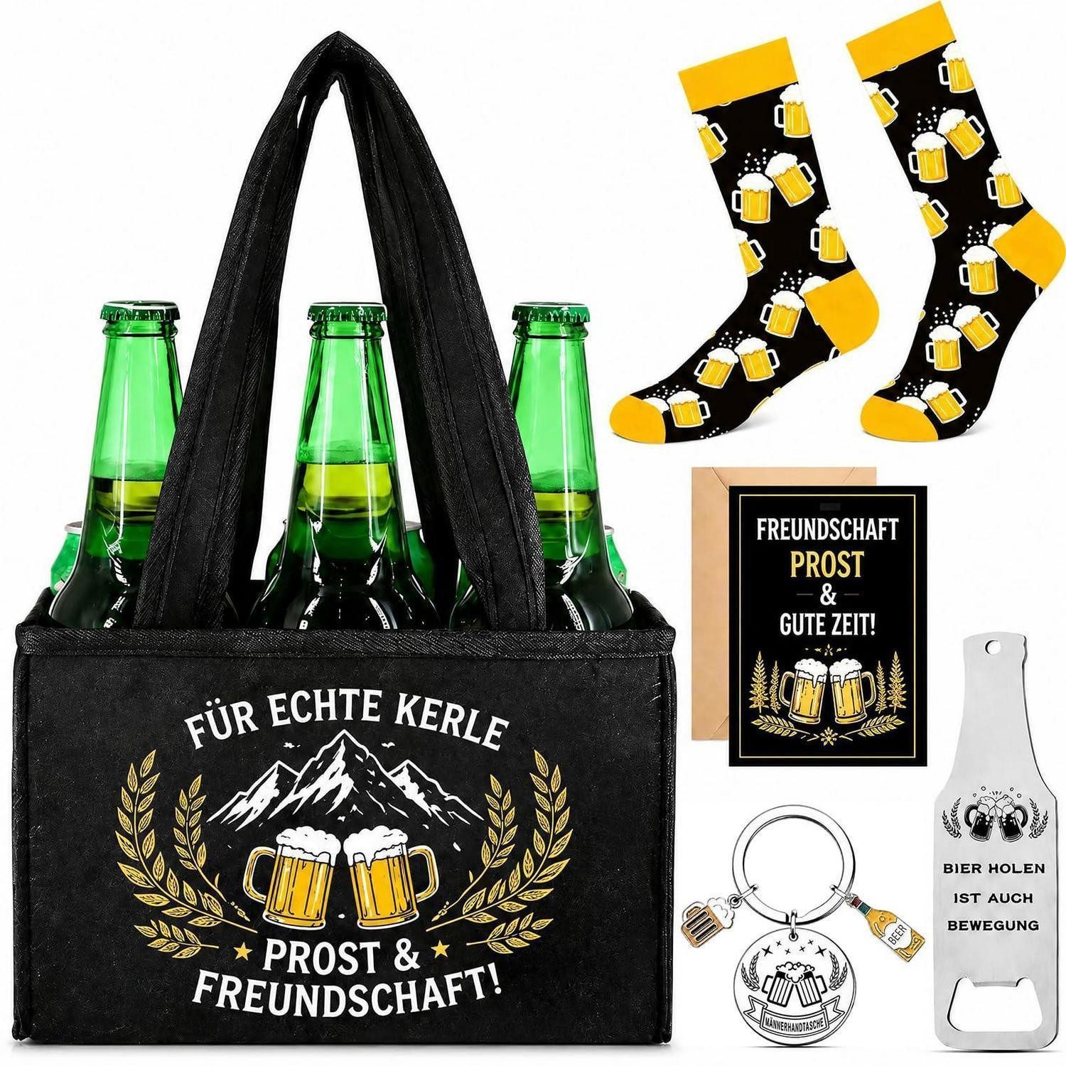 LuxusKollektion Geschenkbox Herren Bier Geschenkset Tragetasche Socken Flaschenöffner