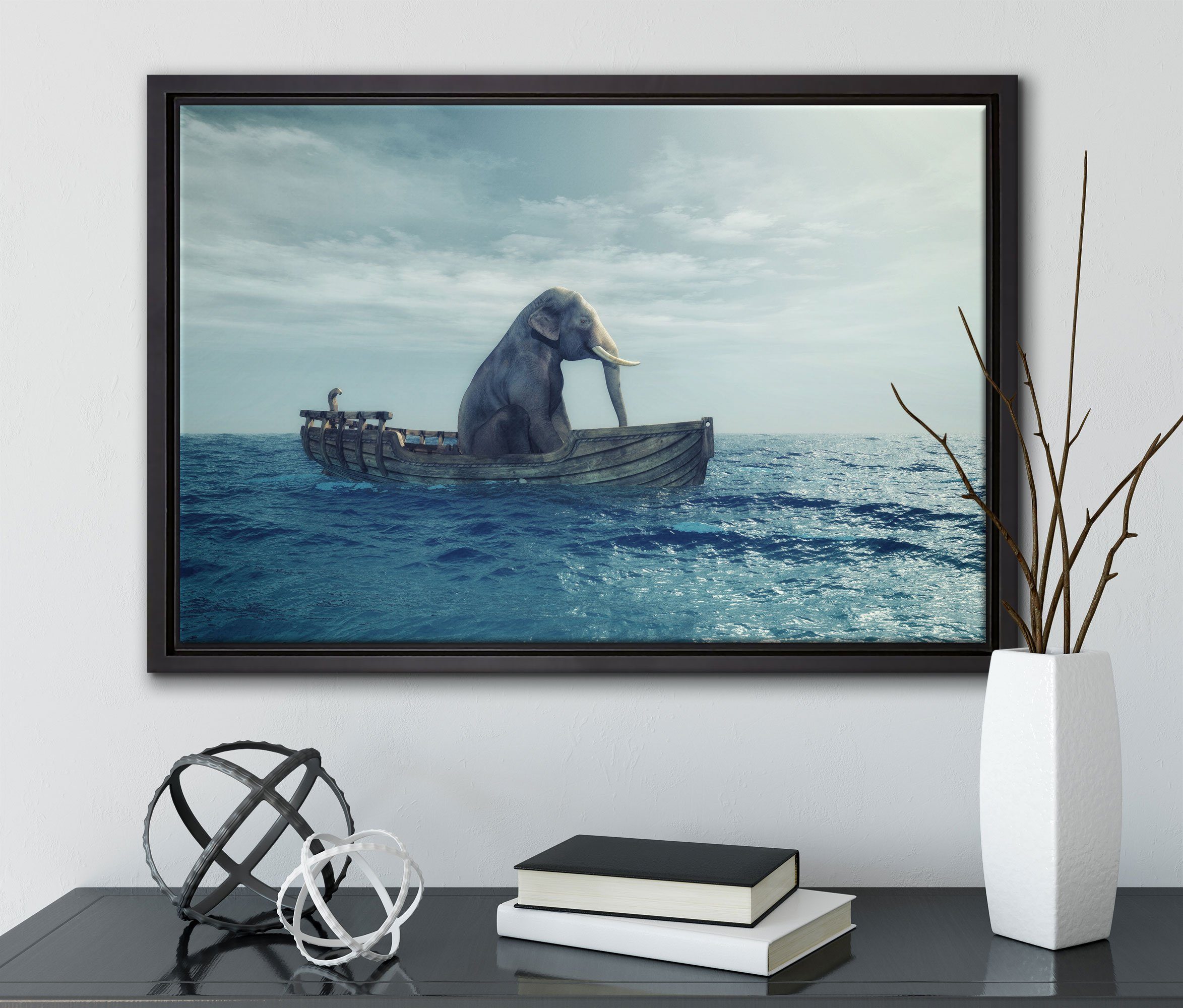 bespannt, Schattenfugen-Bilderrahmen im Leinwandbild (1 fertig St), Leinwandbild Wanddekoration sitzender Zackenaufhänger Boot, Pixxprint gefasst, lustig einem inkl. Elefant in