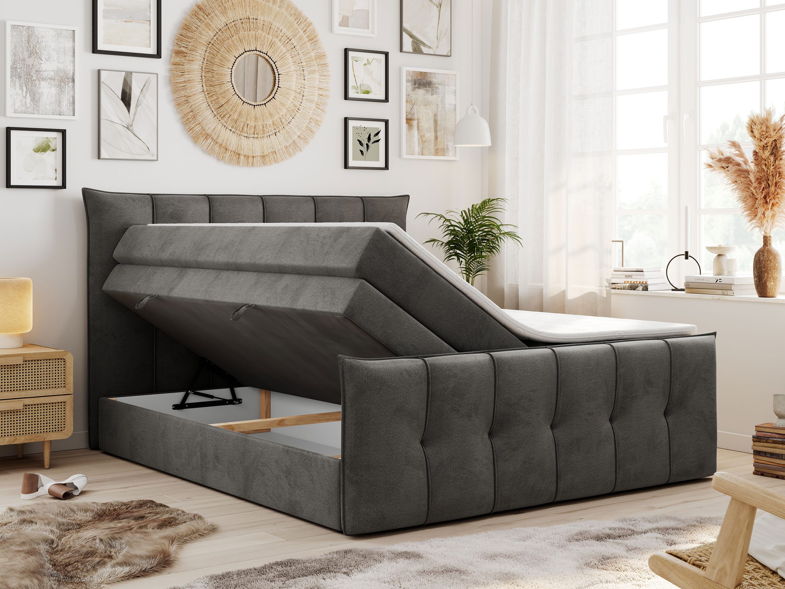 MKS MÖBEL Boxspringbett PREMIUM 11 KING (Set, Packung, T30-Schaum, Topper T25/Visco, gestepptes Kopfteil), Bettkasten und fünf Matratzen - Multipocket-Matratzen und Topper