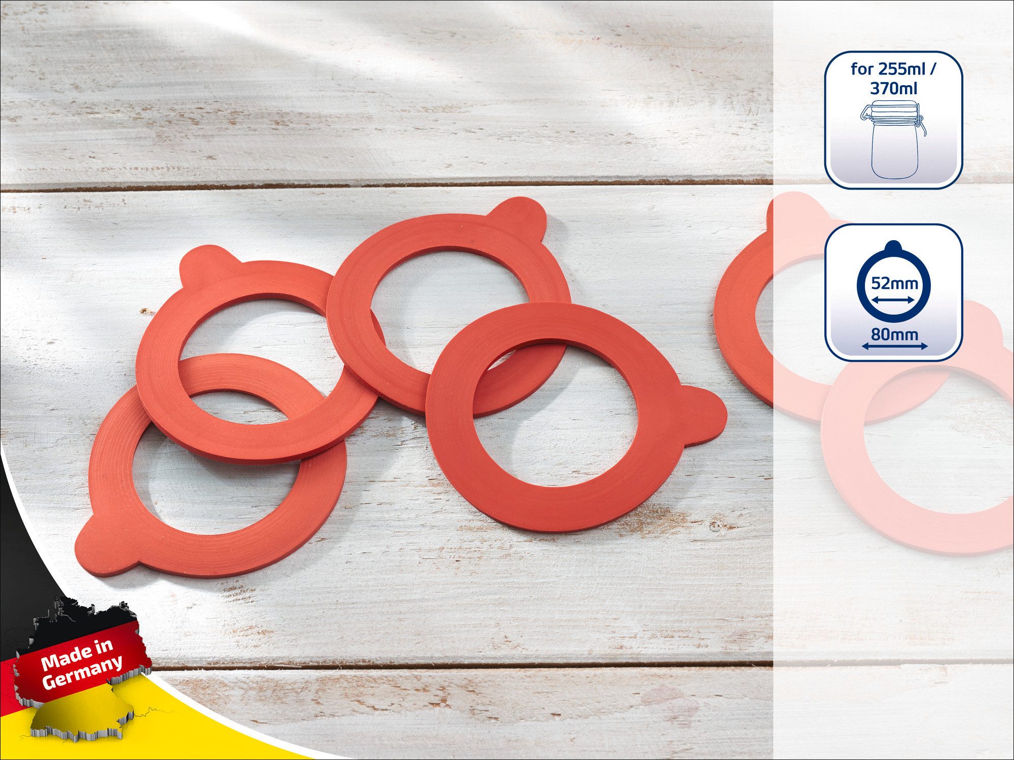 Leifheit Einmachglas Ersatzgummiringe 52 x 80 mm, Gummi, 52 x 80 mm, passend für Drahtbügelgläser von Leifheit (255ml, 370 ml)