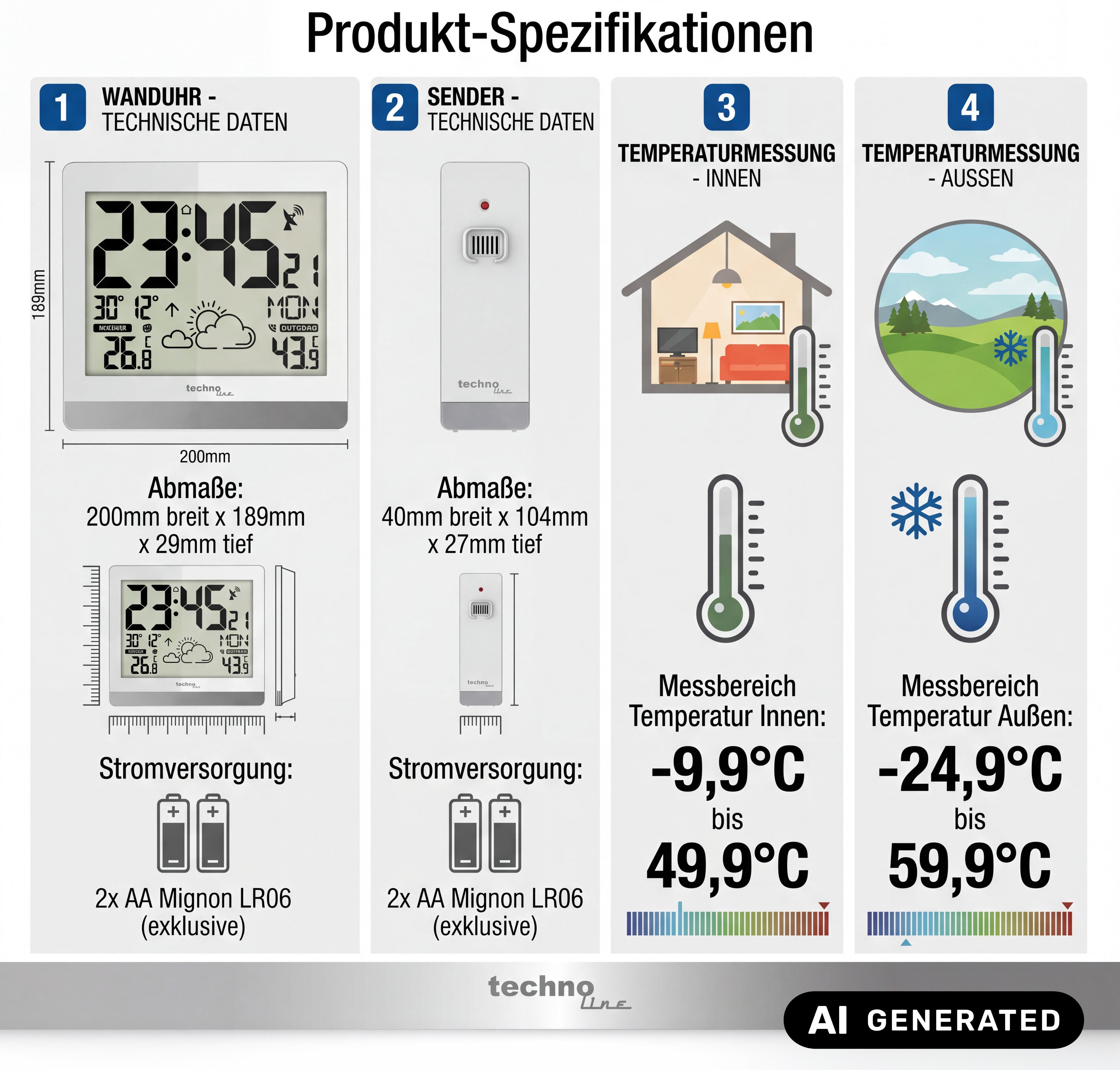 technoline Funkwanduhr WS 8119 (mit Wettervorhersage und Außensender) – Bild 4 von 5