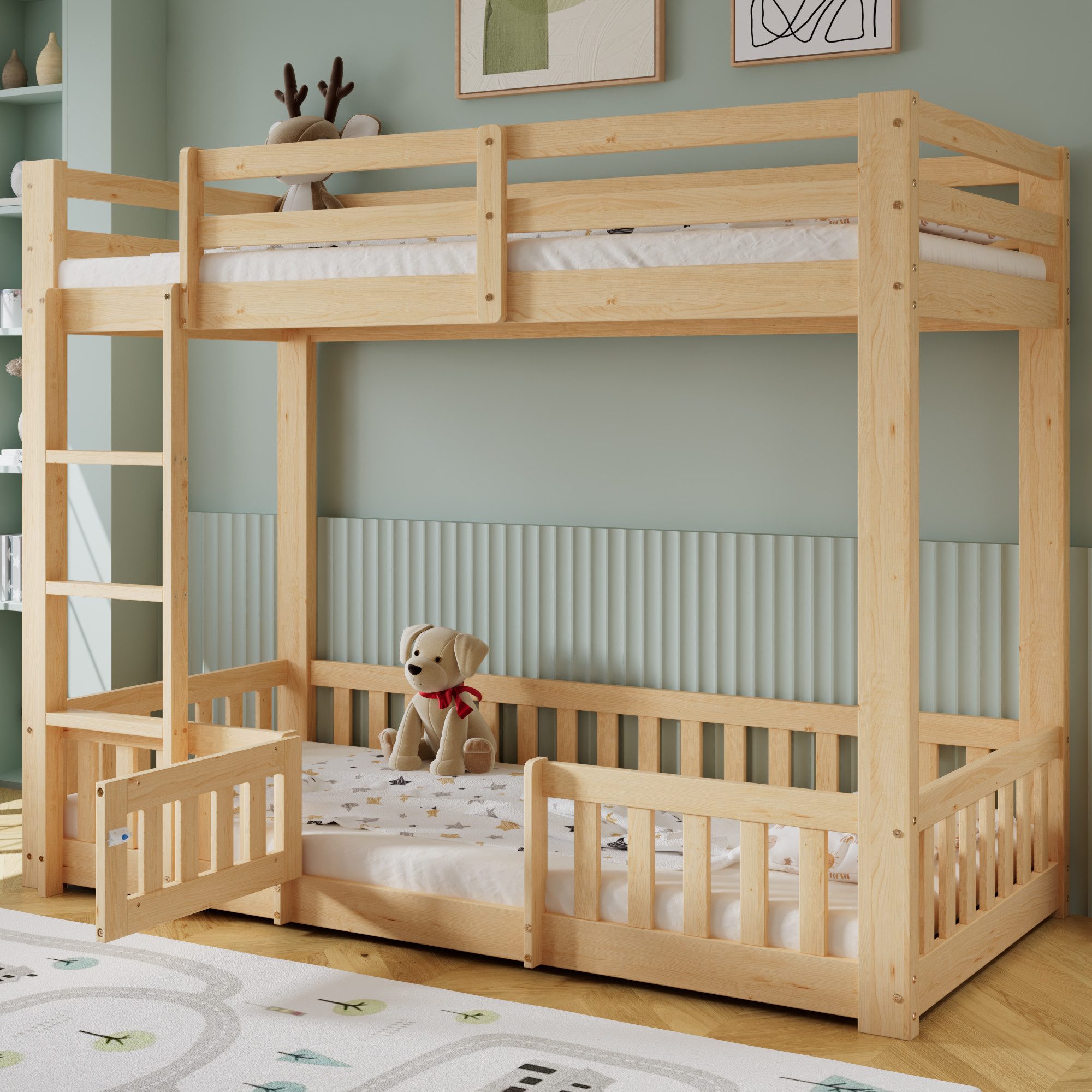STILVORA Etagenbett 90x200 mit Geländer,Kinderbett Holzbett mit Tür&Absturzsicherung (sicherer Schlafplatz mit rechtwinkliger Treppe, Spielraum unter dem Bett, Holzbett aus Kiefernholz mit Tür und Geländer, 90x200cm), ohne Matratze