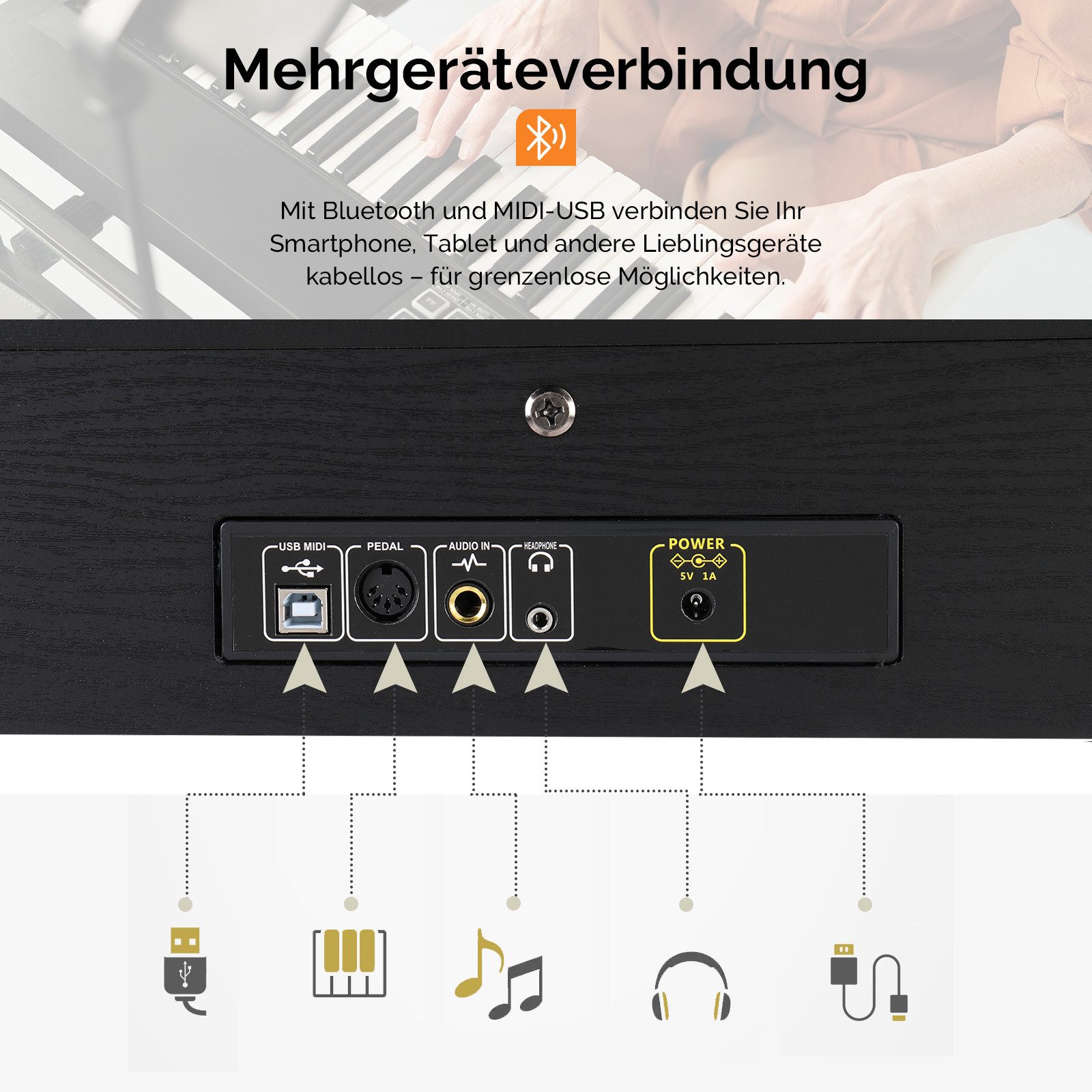 VINGLI Digitalpiano GDP-104 E Piano 88 Tasten, vollgewichtete Tastaturen, Dual Bluetooth, Digitalpiano mit Klavierständer, Weiß/Schwarz/Schwarznussbraun – Bild 4 von 5