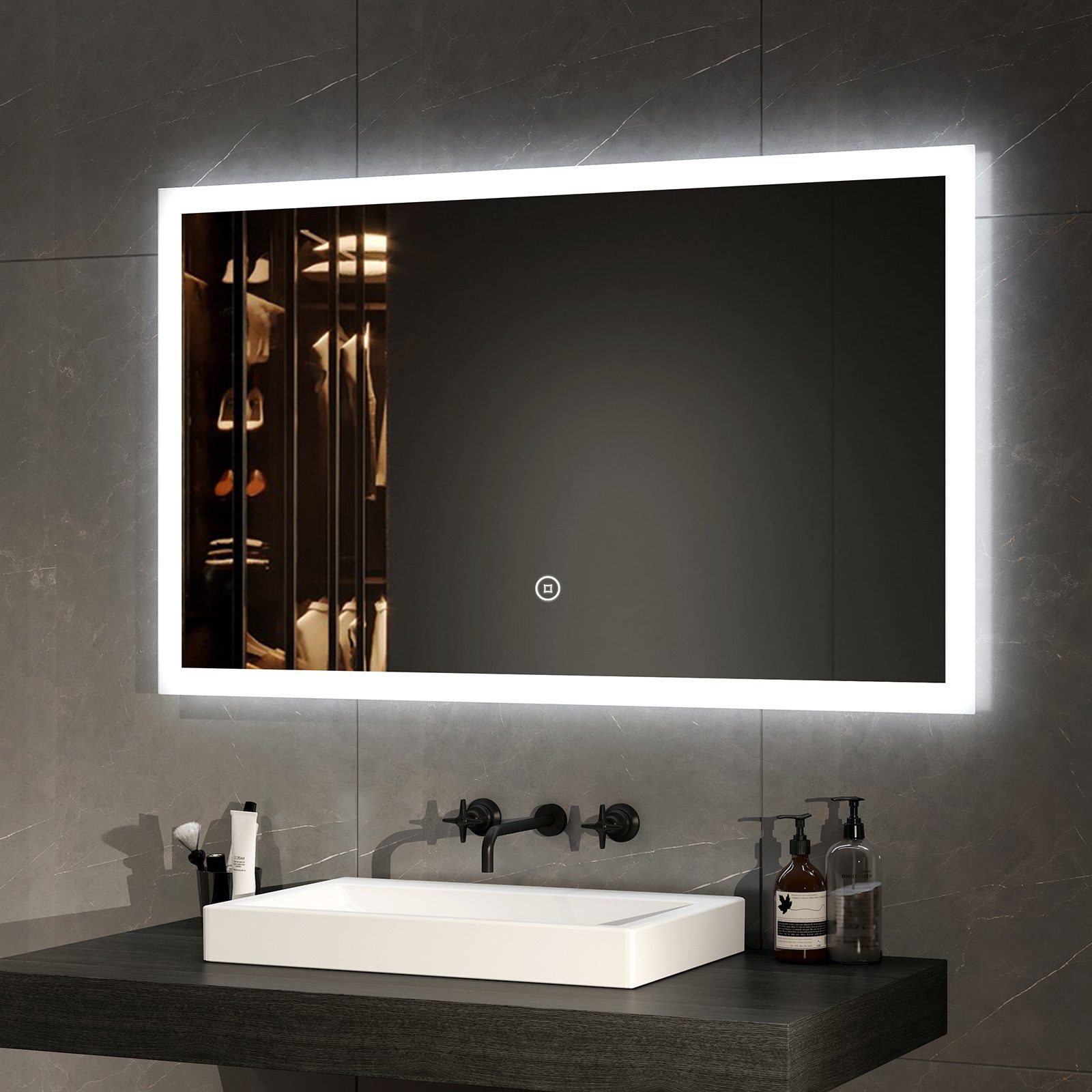 EMKE Badspiegel LED Wandspiegel 100x60cm Badezimmerspiegel (100x60cm, Touch Schalter, Vertikal und Horizontal möglich), mit Warmweiß/Kaltweiß/Natürliches Licht und Touch-schalter IP44