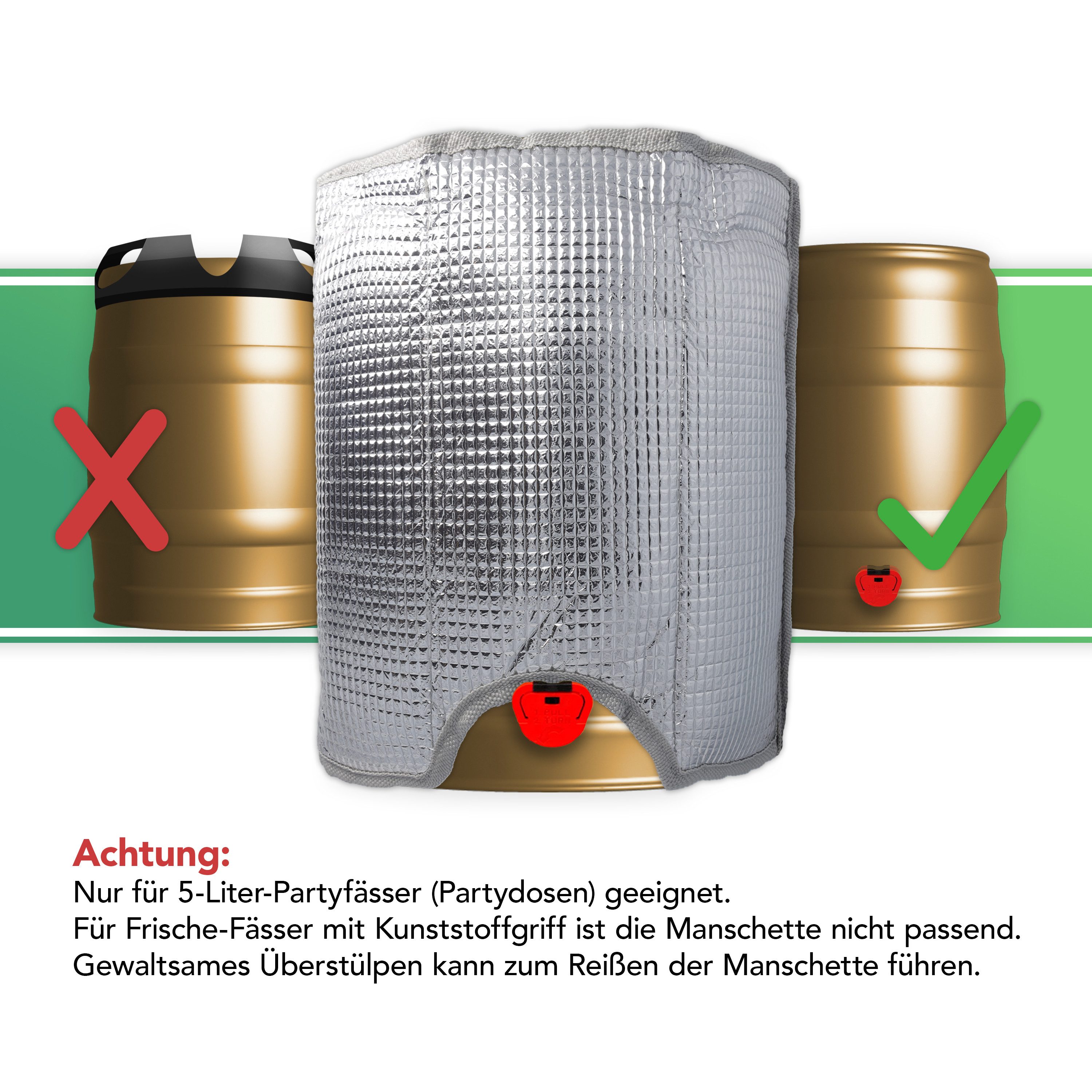 CLAUSS Kühlmanschette Bierfass Kühler mit Kühlakkus für 5 Liter Fass, 5l Partyfass Kühlung, Top-Isolierung hält auch in der Sonne kühl