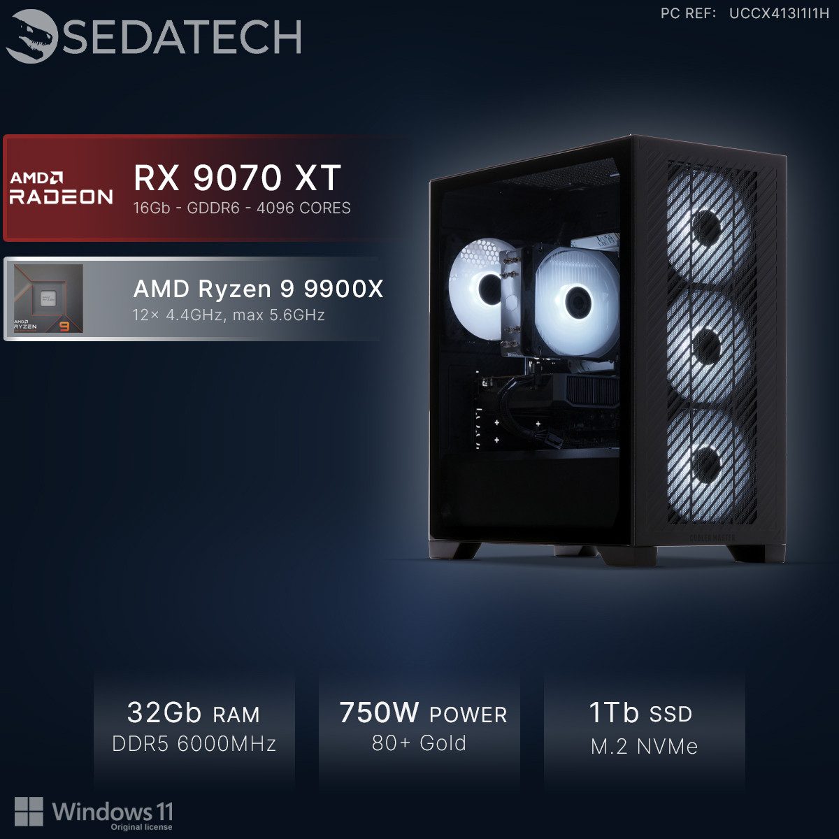 Sedatech UCCX413I1I1HF - Gaming-PC (AMD Ryzen 9 9900X 12x 4.4GHz (max 5.6GHz), Radeon RX 9070 XT 16GB, 32 GB RAM, 1000 GB SSD, Wlan 6E)