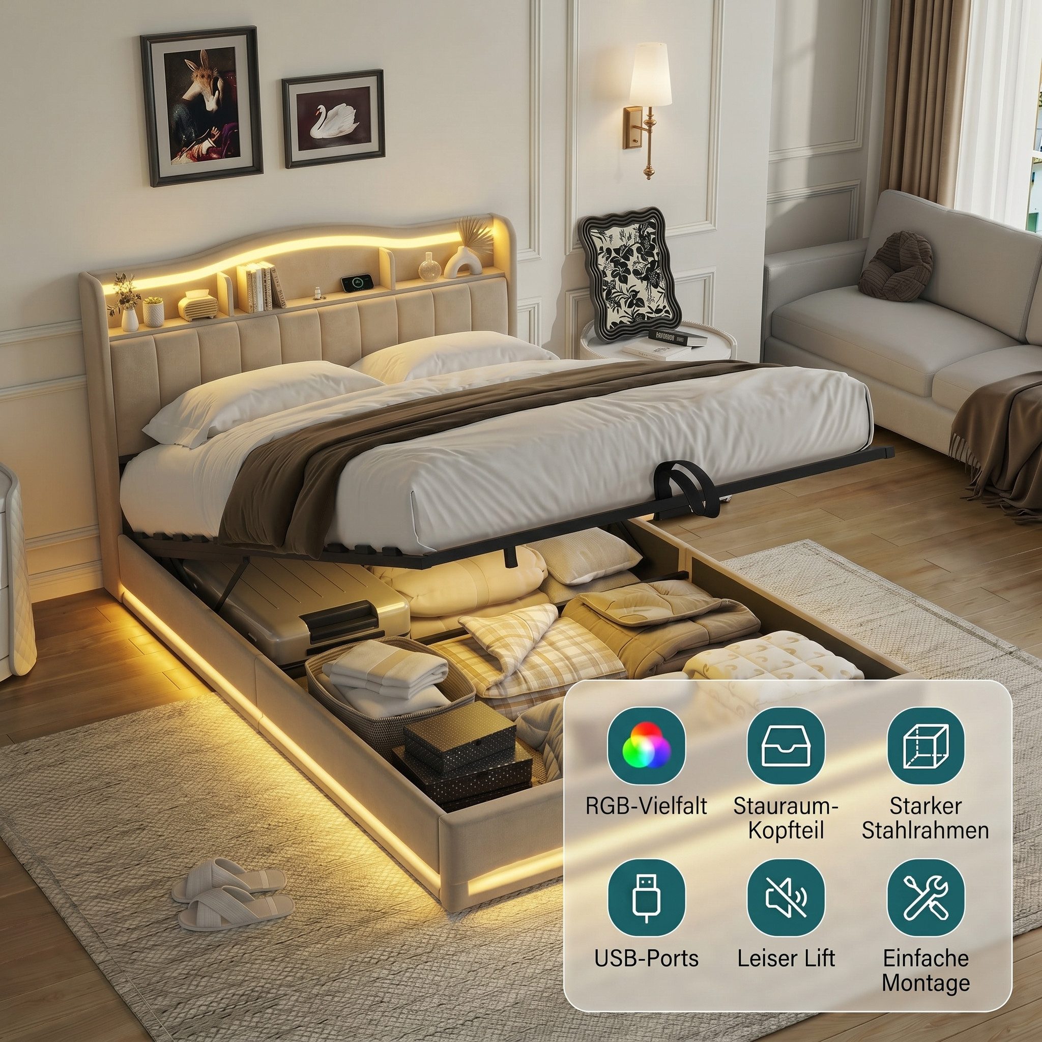 Furnishings Home Polsterbett Stauraumbett LED Doppelbett (1-tlg., Inkl. Komforthöhe Lattenrost, Leises Design Bett), Mit Bettkasten, RGB Beleuchtung, Ladefunktion