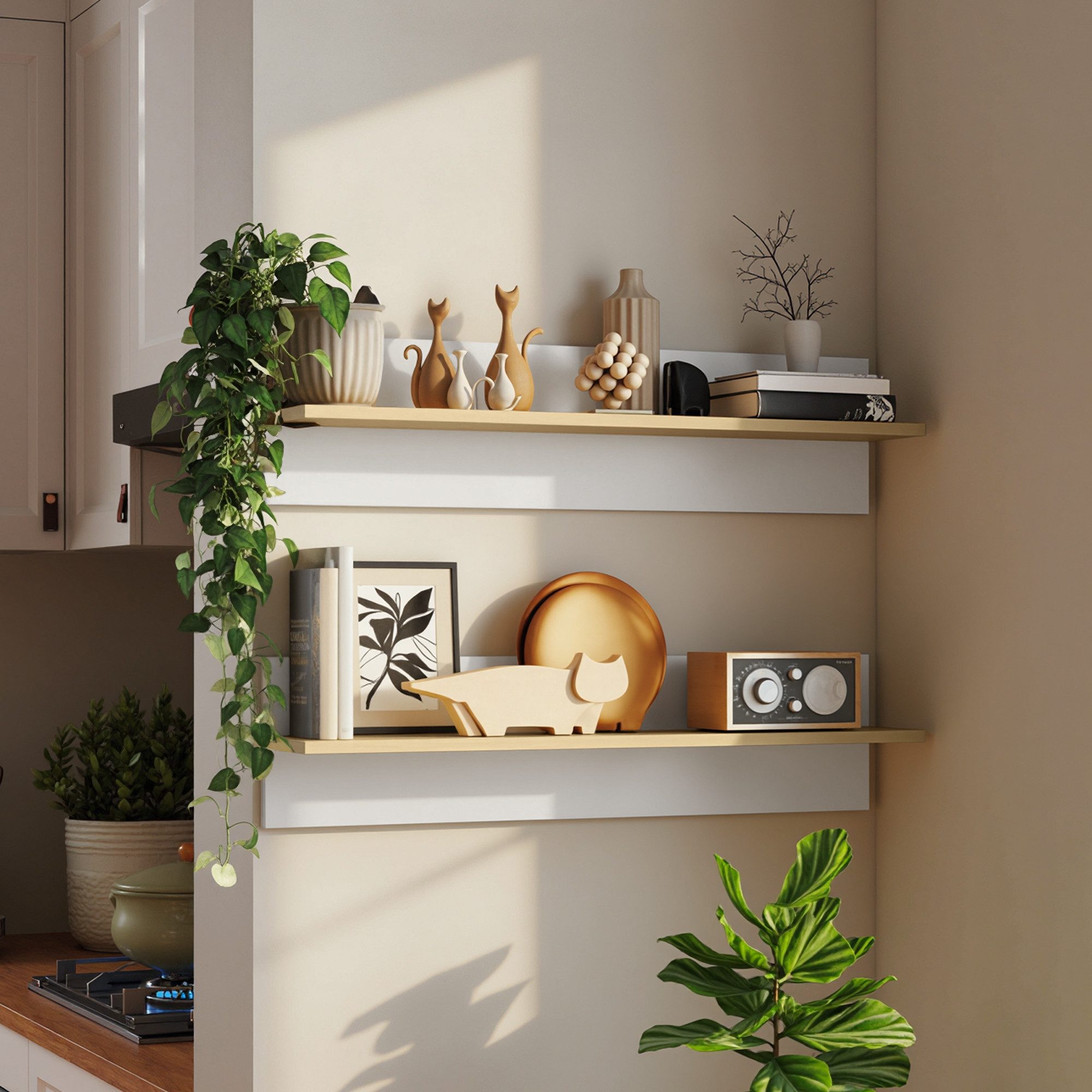 HOMCOM Wandregal Wandboard, Regalbrett zur Präsentation, 2er-Set Schweberegal 2-tlg., für Küche, Wohnzimmer, Badezimmer, Weiß+Naturholz, 80 x 16,5 x 20 cm