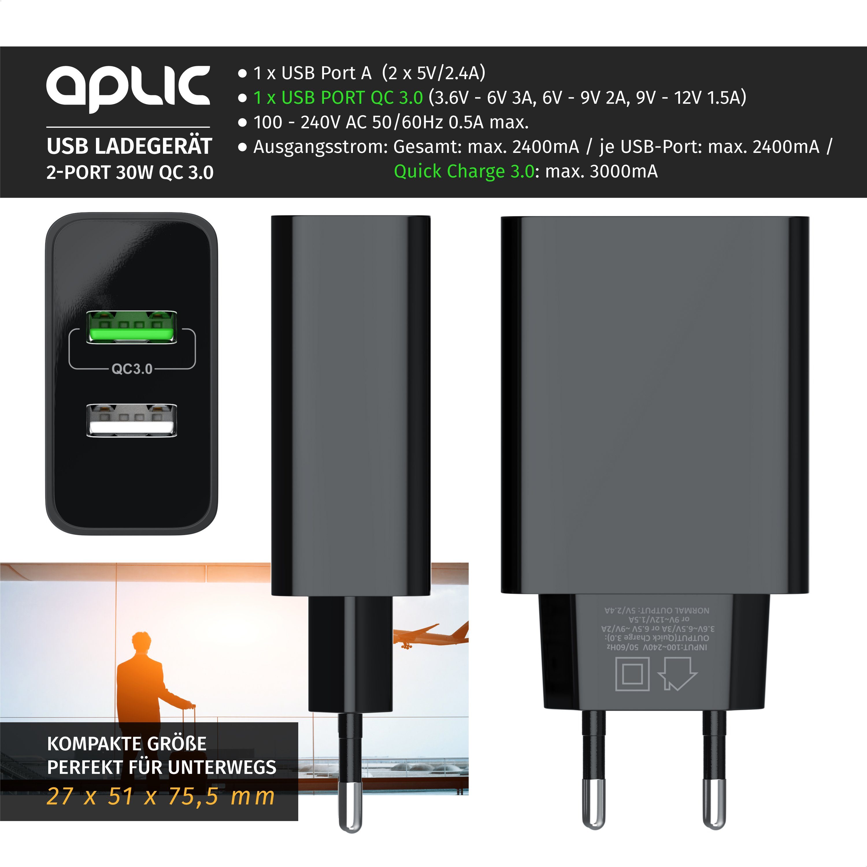 Aplic USB-Ladegerät (3000 mA, 2-Port, 30W, Quick Charge 3.0 (QC 3.0) Schnelladefunktion)
