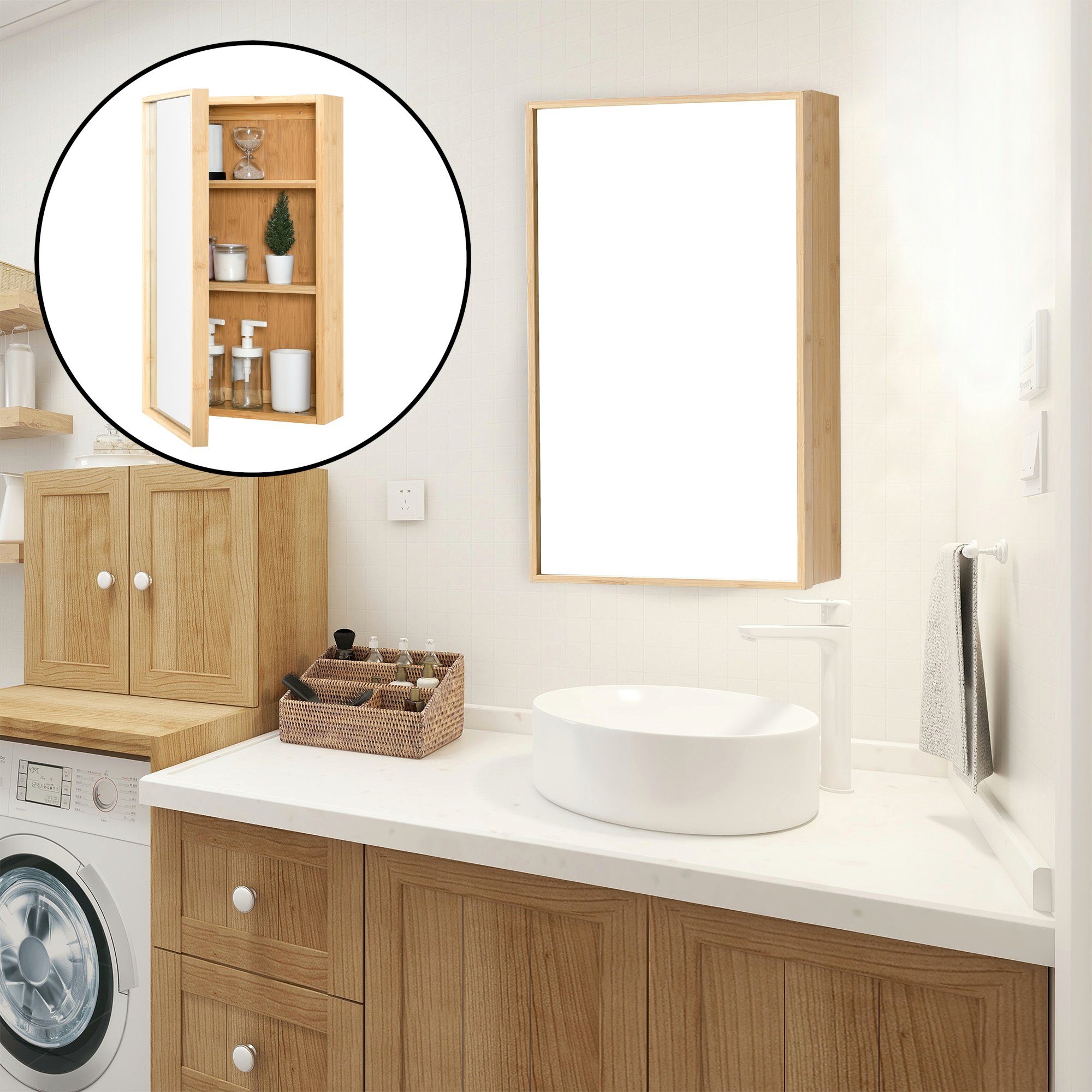 en.casa Spiegelschrank Ikorfat Badezimmer Schrank Bambus 60,5 x 35 x 14 cm Natur