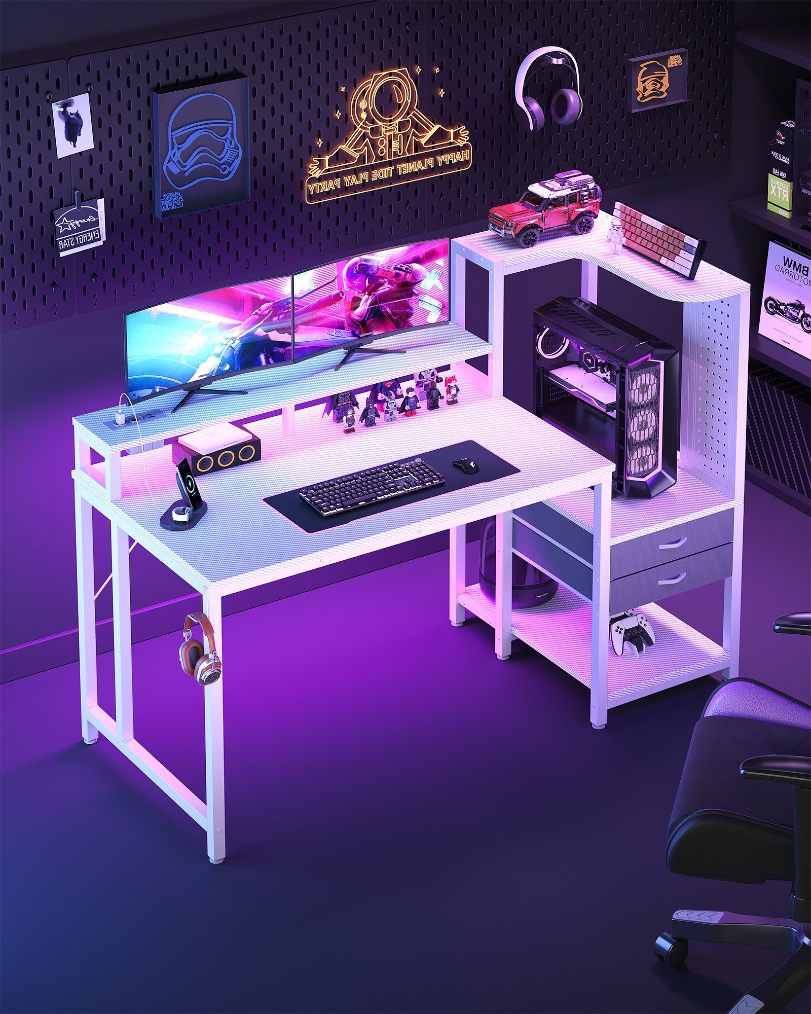 HOMALL Gamingtisch Schreibtisch mit LED-Beleuchtung und Tischplatte aus Karbonfaser (Gaming Schreibtisch 120/140 cm L-Form mit LED-Beleuchtung, Steckdose & USB, Monitorständer, PC-Tower-Halter, 2 Schubladen, Lochplatte, Kopfhörerhalter, Gaming Tisch Schwarz Kohlefaser)
