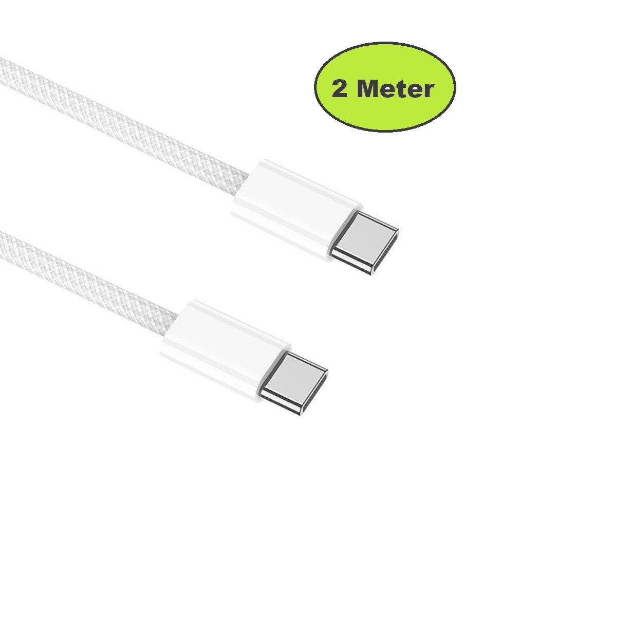Ventarent Ladekabel USB-C auf USB- C, Weiß, 2 Meter - Gewebt- Smartphone-Kabel, USB-C, USB-C (200 cm), Schnellladekabel passend für Samsung, Apple und viele andere Marken